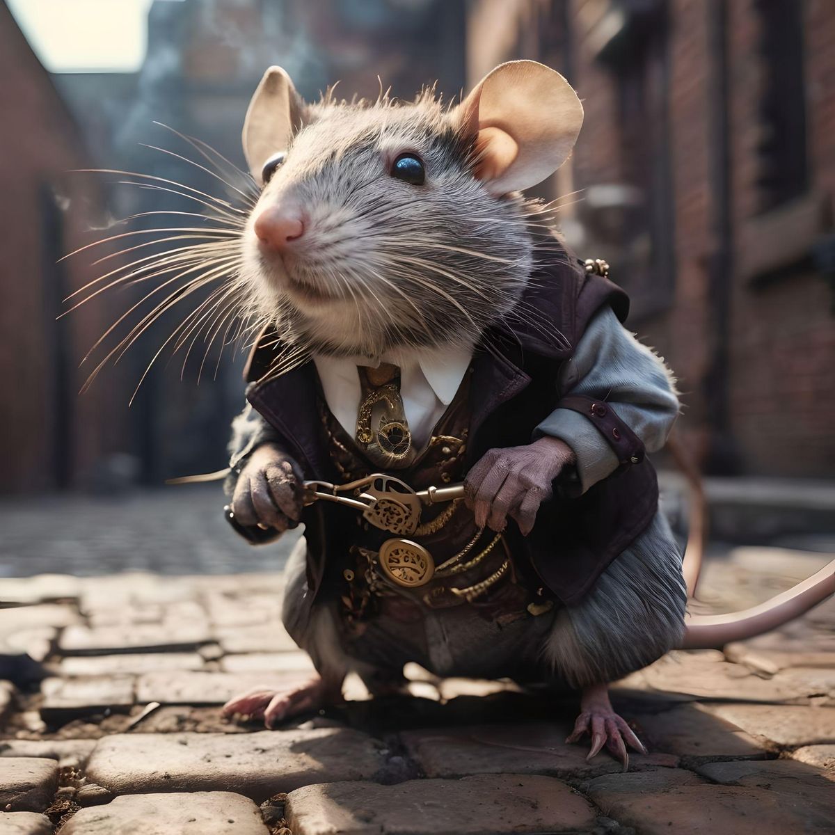 a Victorian age steampunk rat searching for food in the streets. Smoke, bricks, steampunk, gears, rich details, glass, rusty, shining metal, close-up.