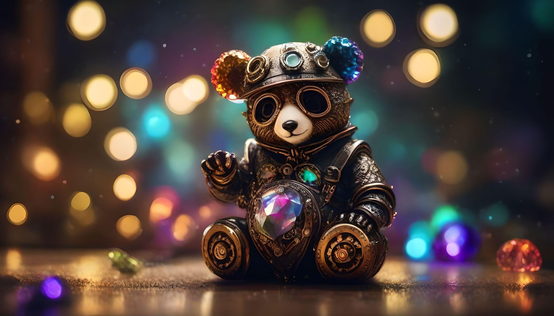 A steampunk panda holding shiny rainbow crystals. 