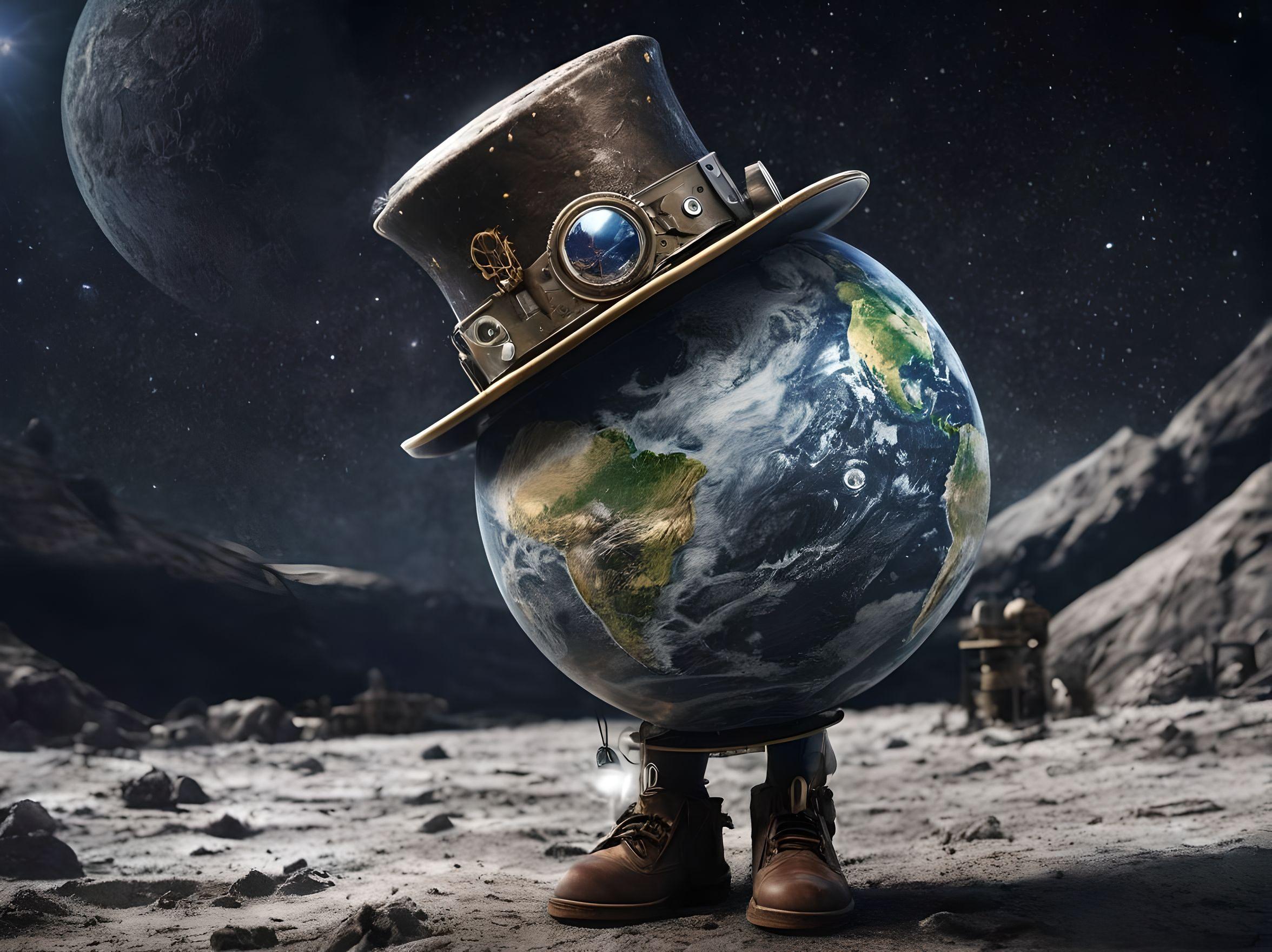 The earth with a face walking on the moon with a steampunk hat- starry