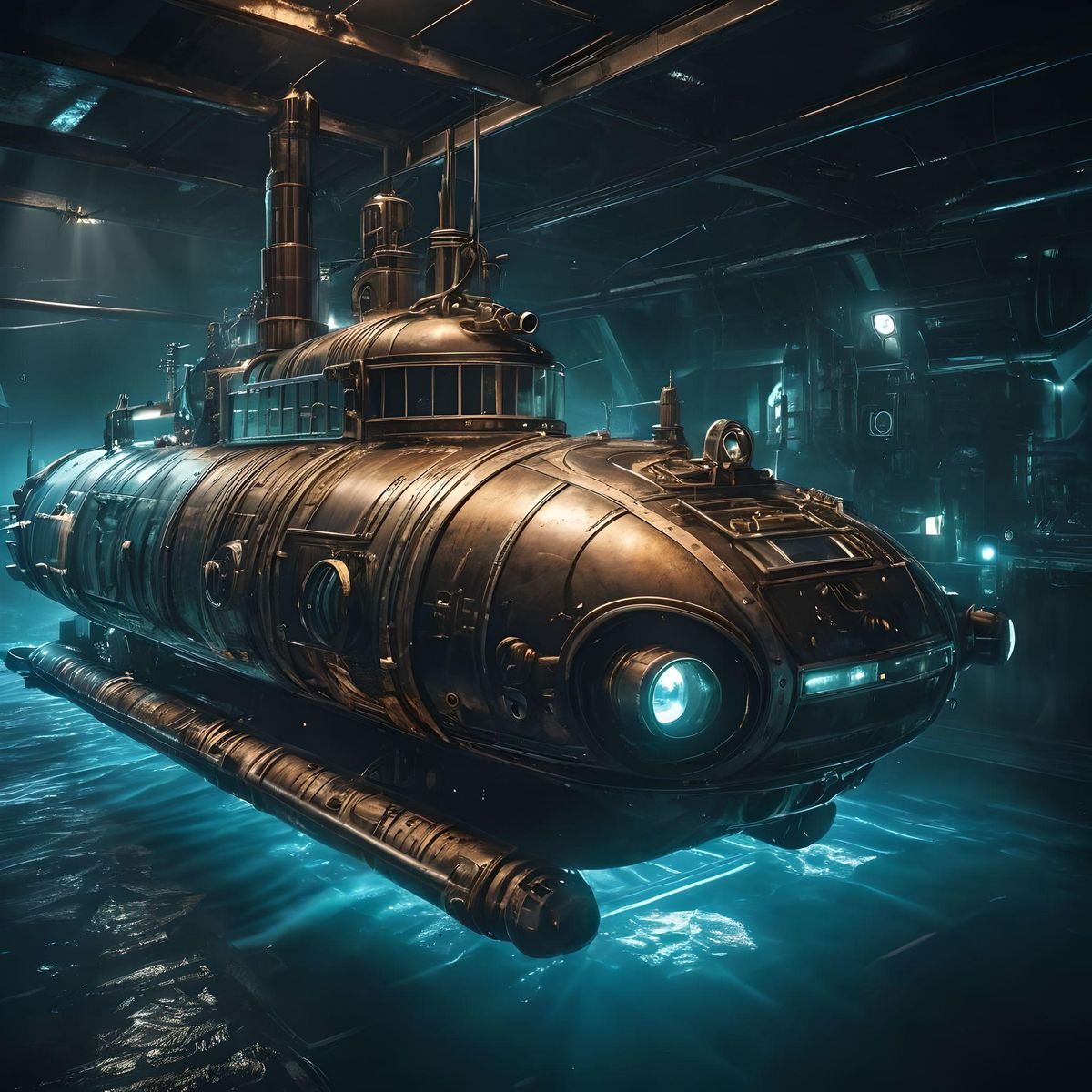 Steampunk submarine, lasers in background, glow, deep sea, looking in front, futuristic, 8k resolution, ultra high definition, detailed textures