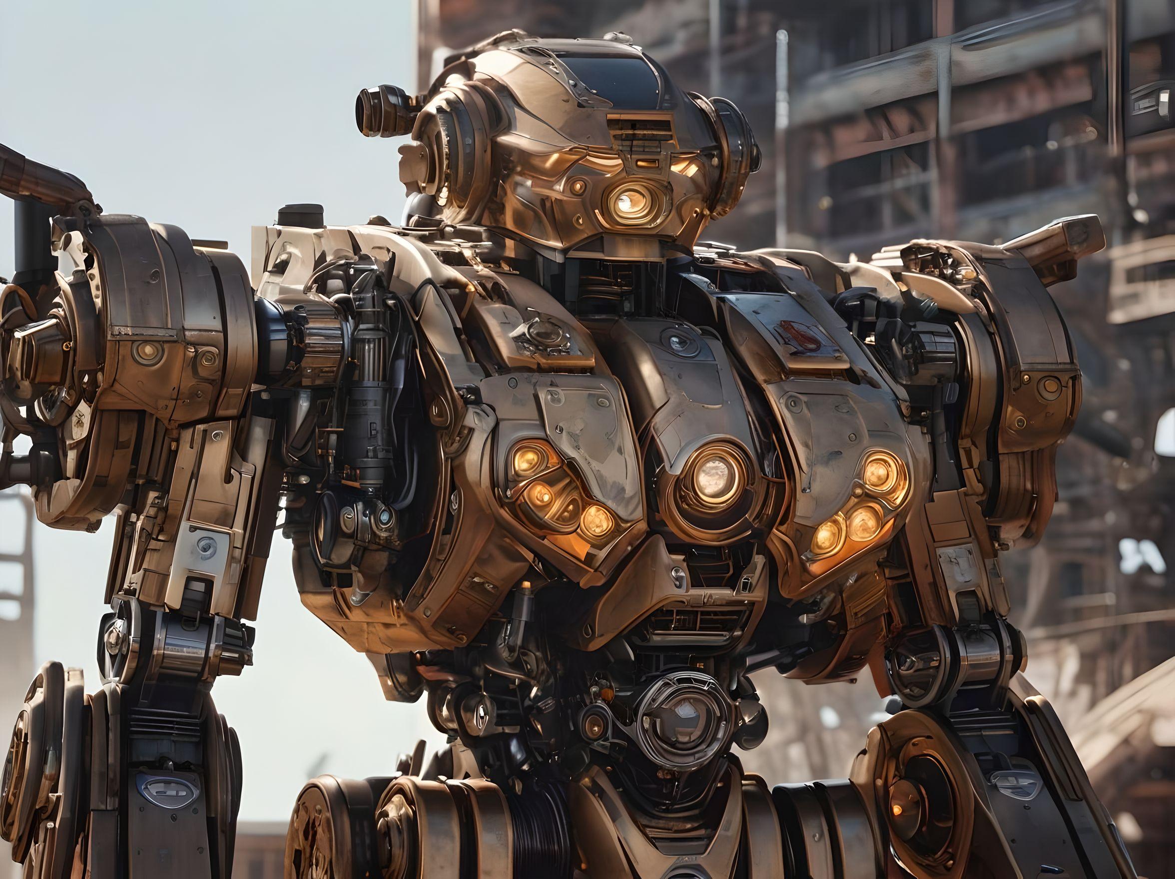 Steampunk Mecha- launchers in background- glowing- sunny day- looking in front- futuristic- 8k resolution- ultra high definition- detailed textures