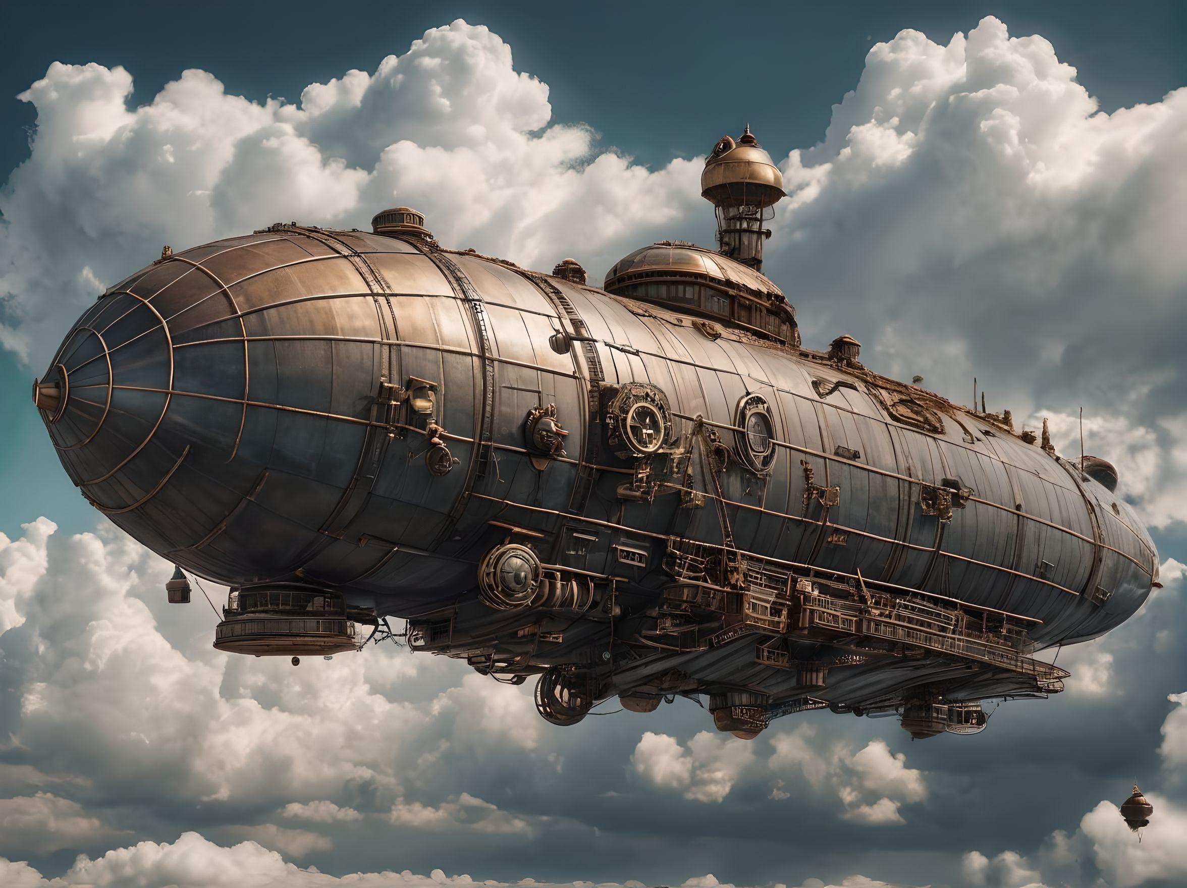 steampunk flying blimp warship in the clouds


