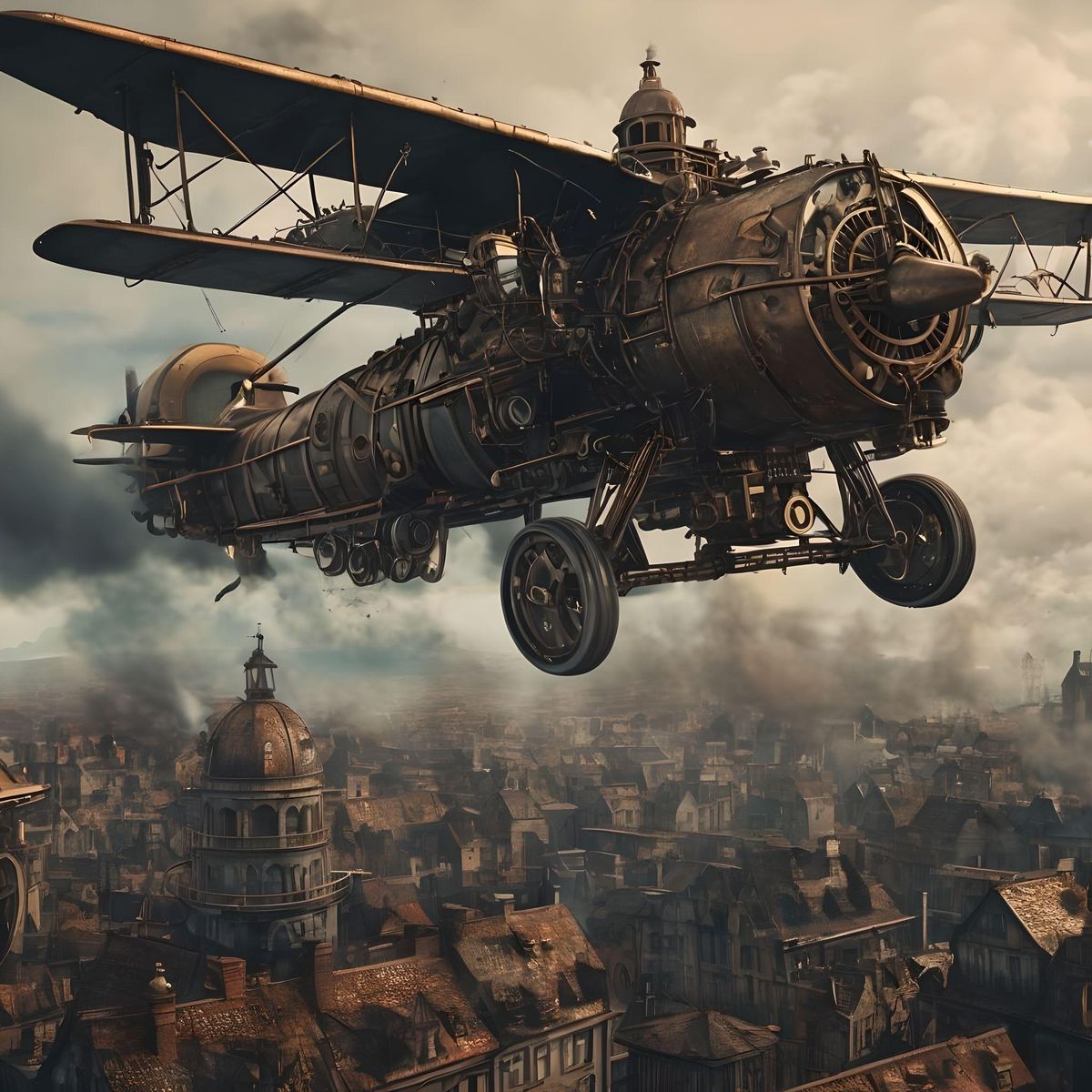 A steampunk airplane flying over a old steampunk city with smoke coming out of the back, it is flying over an old abandoned steampunk city and had cogs and mechanics over it