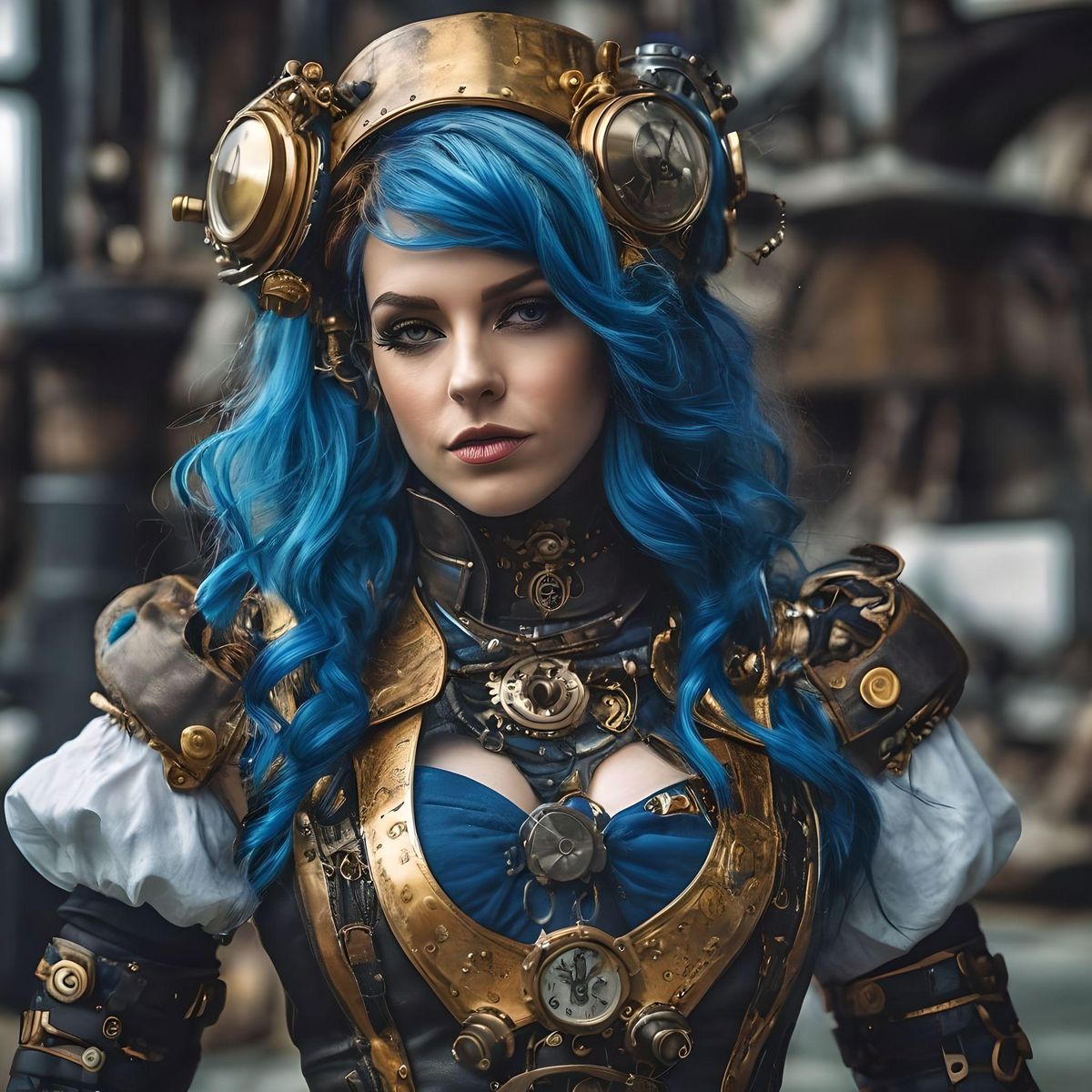 steampunk woman
with blue and gold hair