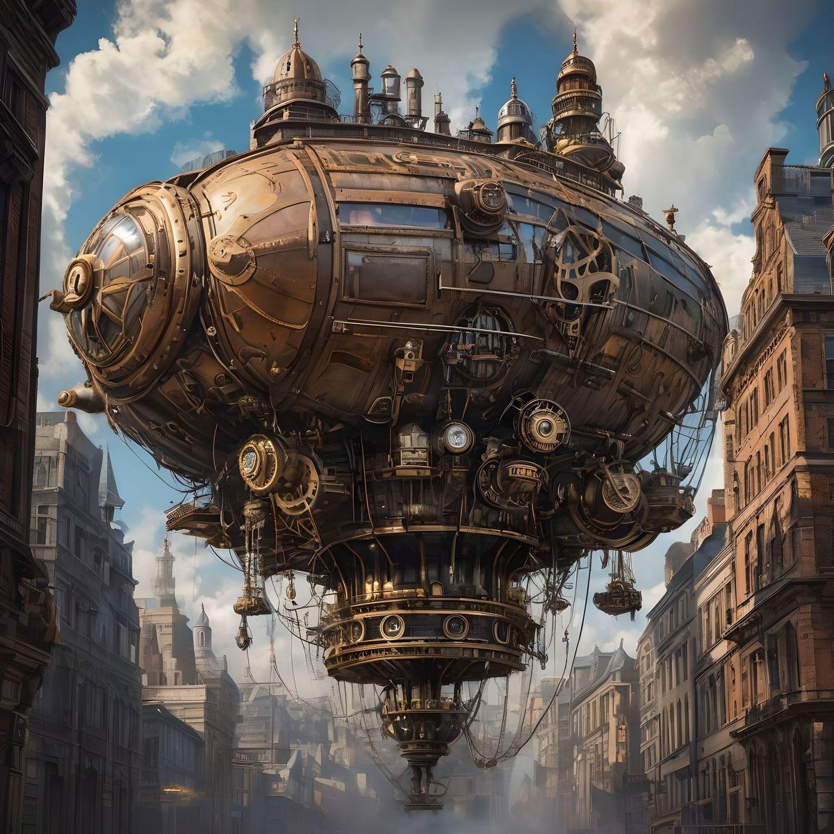Title: "Steam City Wonders"

Description:

In the heart of a bustling metropolis lies "Steam City," a marvel of innovation and imagination where the past and future converge in a mesmerizing display of steampunk and retrofuturistic wonders.

The centerpiece of the artwork is a towering clockwork tower adorned with intricate gears, cogs, and brass accents, reaching towards the sky like a beacon of progress. Steam billows from its vents, creating an ethereal mist that shrouds the city below.

At the base of the tower, bustling streets are lined with Victorian-era buildings adorned with fantastical steam-powered contraptions and neon signs, blending the elegance of the past with the technology of the future. Airships glide gracefully overhead, propelled by giant propellers and adorned with ornate detailing reminiscent of a bygone era.

In the foreground, a mysterious character emerges from the shadows, dressed in a steampunk-inspired ensemble of leather, goggles, and gears. With a sense of adventure in their eyes, they stand against the backdrop of the city, ready to embark on a journey into the unknown.

Surrounding the character are a variety of animal robots, each more fantastical than the last. A mechanical owl perches on their shoulder, its brass wings outstretched in flight. Nearby, a steam-powered elephant trumpets loudly, its metallic trunk spraying clouds of steam into the air. In the distance, a sleek panther prowls through the streets, its glowing eyes piercing through the darkness.

As day turns to night, the city comes alive with a symphony of light and sound. Neon signs flicker and dance, casting vibrant hues across the cobblestone streets. The air is filled with the sound of whirring gears, hissing steam, and the rhythmic clanking of machinery, creating a sense of energy and excitement that permeates the air.