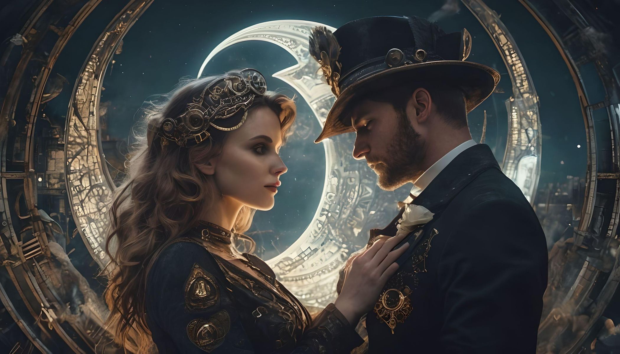 Couple with fleur de Lis symbol embracing in a retro futuristic world. (Steam punk inspired) moon on the background