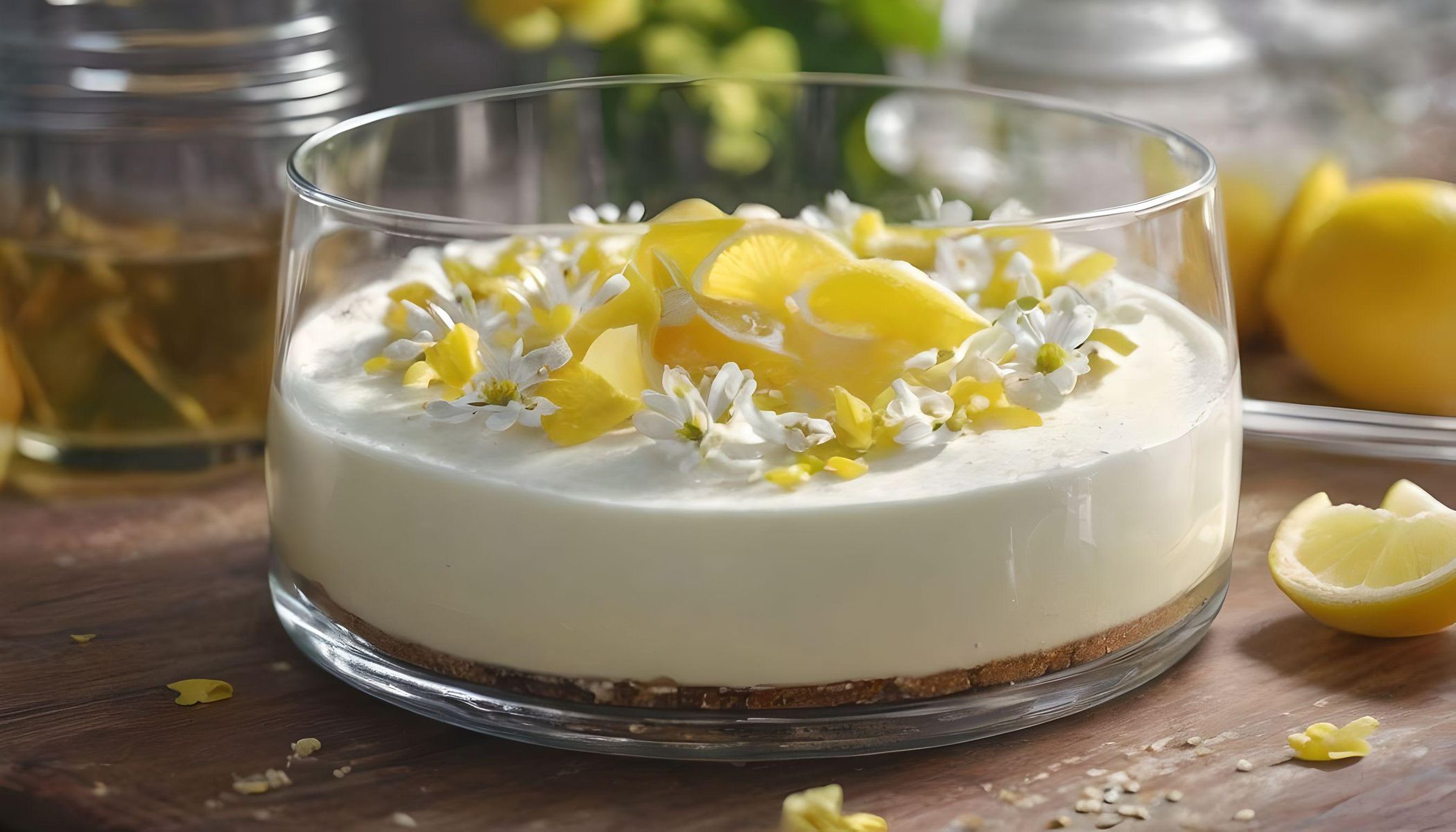blossoms, lemon soda, glass container, cheese cake, very detailed and delicious looking 
