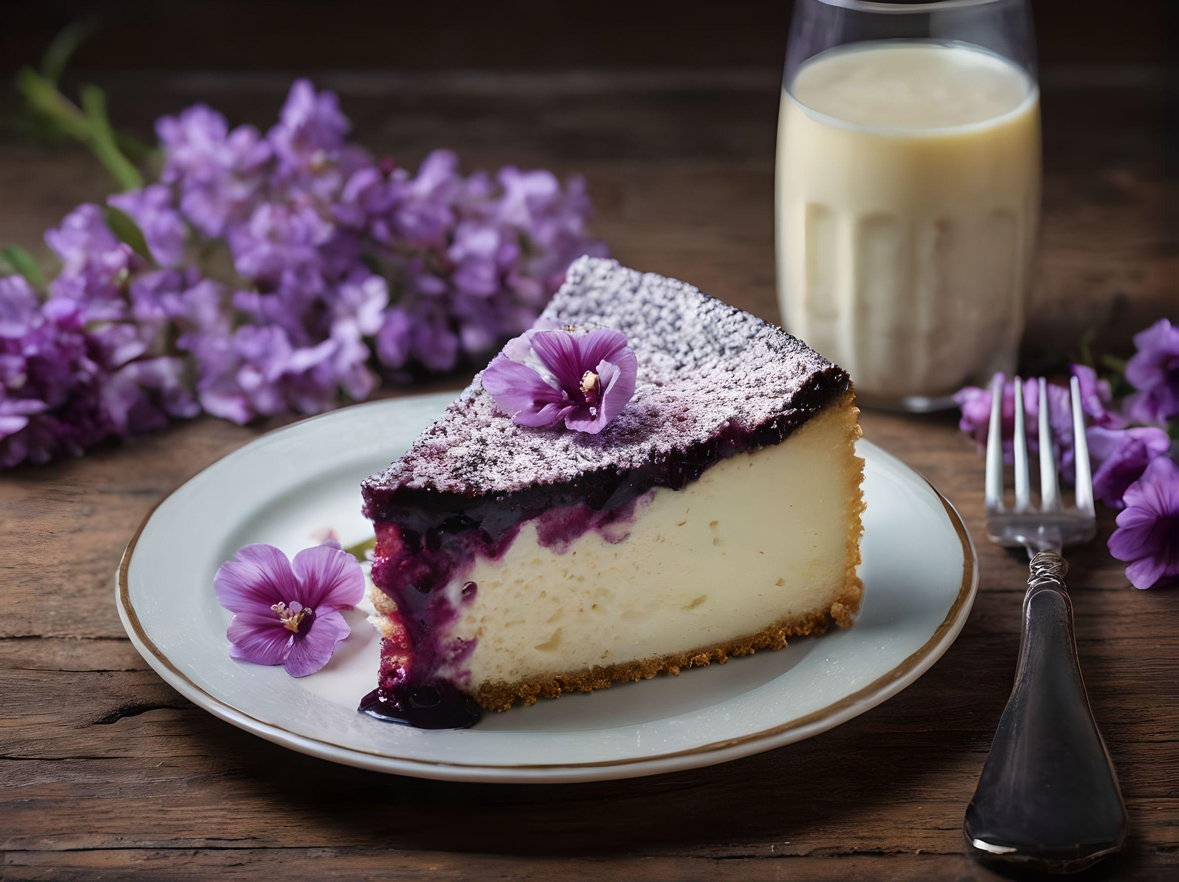 Purple blossoms- soda- glass container- cheese cake- fork and plate- very detailed and delicious looking 
