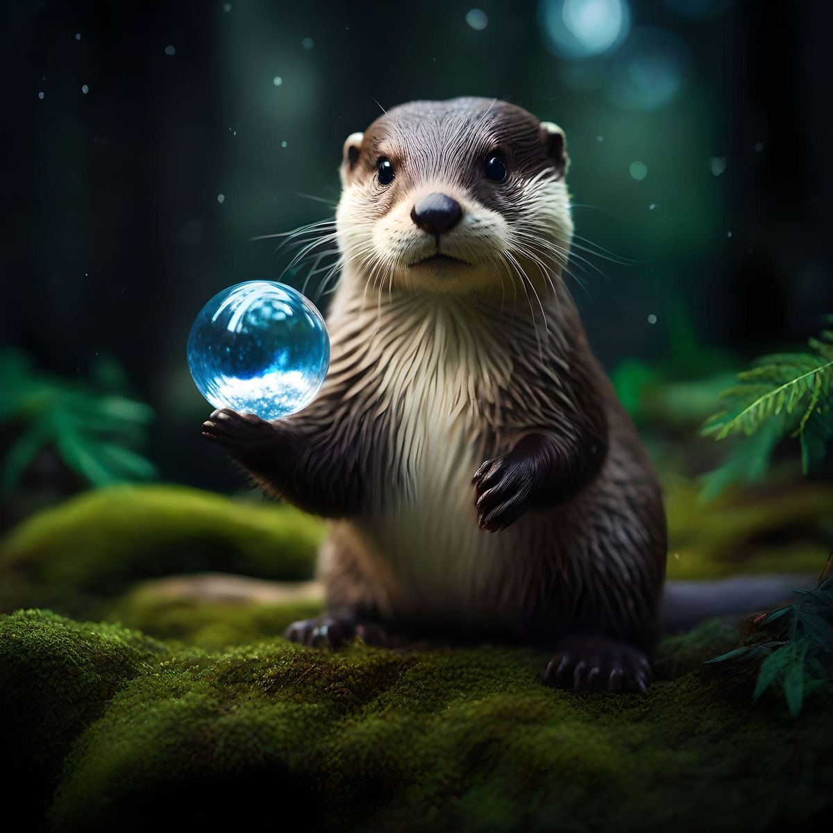 A cute little magical otter with little clear wings and a crystal ball, there is magical dust around him and he is standing in a dark forest