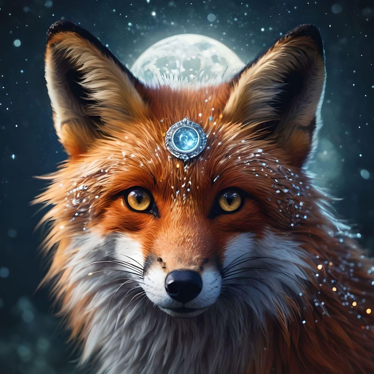 sparkling, magical fox with a moon symbol on its forehead is standing in the night, illuminating light