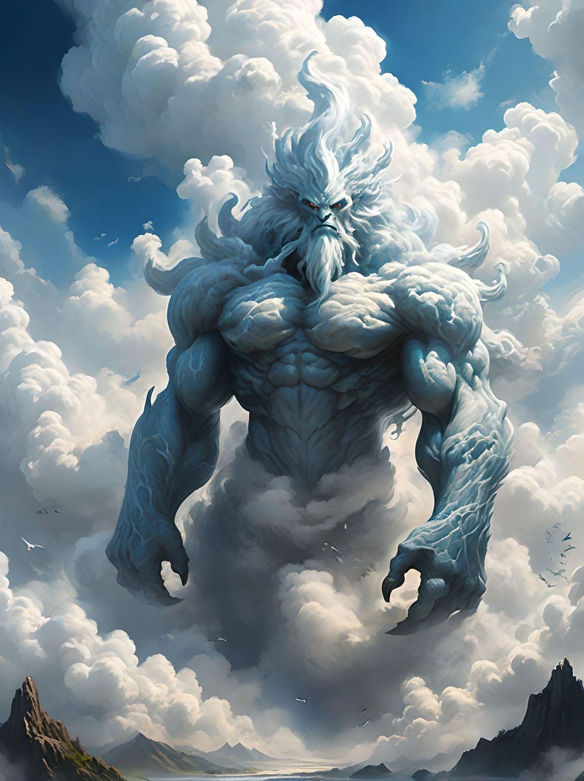 monster from the cloud, a creature cloud giants high above the world,
muscular with light skin and have hair of silver or blue made of clouds,
high and mighty, cloud giants are spread to the winds, encompassing vast
areas of the world, attuned to the magic of their airy domains,
cloud giants are able to turn into mist and create clouds of billowing fog