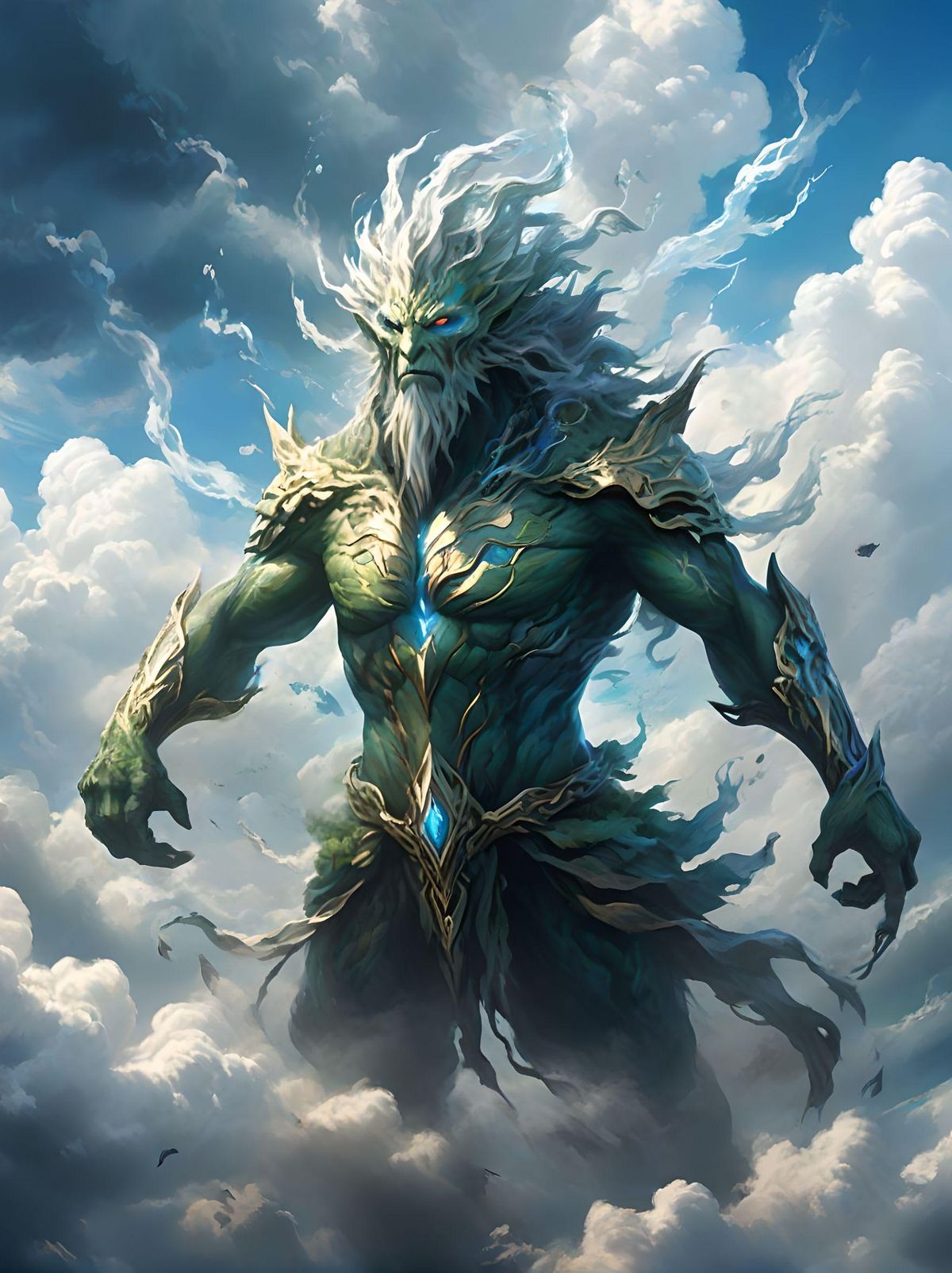 Wind elemental creature made of air, character design portrait, heroic, magic air spell, ultra realistic, ultra detailed, hd, sky clouds in background, niji 5