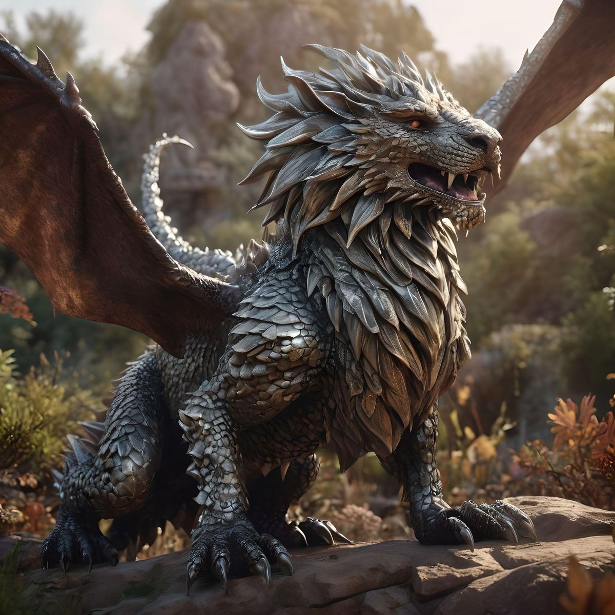 Intricate,Elegant,Higly Detailed,Realistic,,Photorealistic,Octane Rendering 3D,Concept Art,Ornate,Sharp Focus magical mixed animal magical dragon mixed with a lion