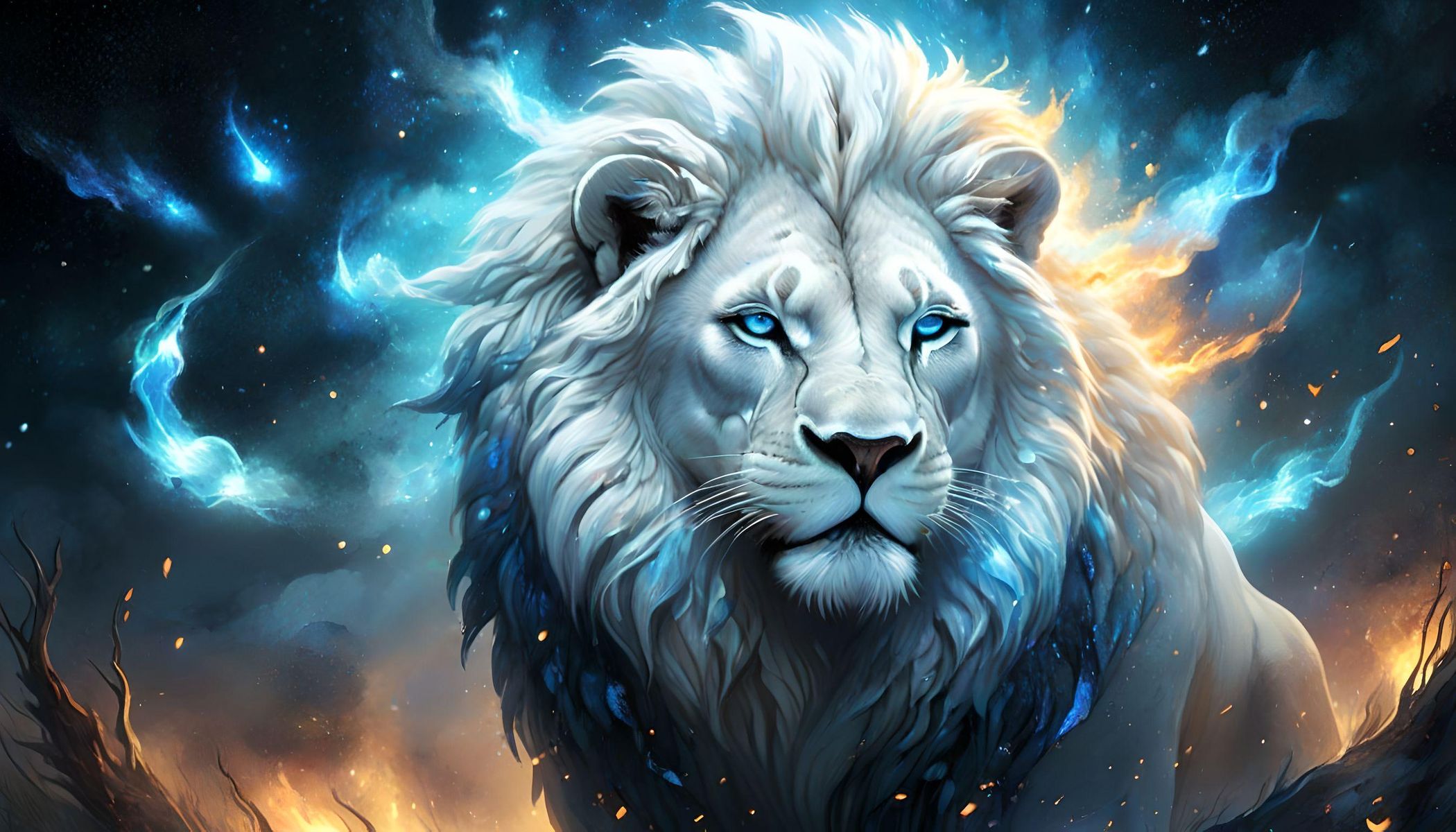Ultra realistic detail, white male lion, saber tooth lion, mane made of blue flaming fire, glowing blue eyes, grassland, night, stars, galaxies.