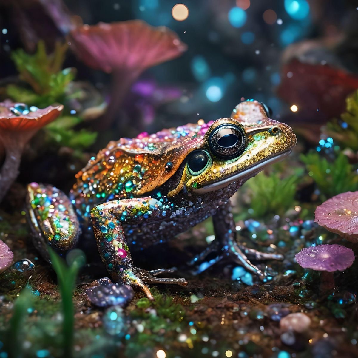beautiful sparkling glittery frog, tongue out, catching a fly, in an enchanted cave, elongated colorful crystals protruding from ground, stream, mushrooms, glimmering, sparkling, glittering, fantasy, colorful, vivid, vibrant, beautiful, extremely detailed. ornate, maximalism, UHD, hyper resolution, 8K