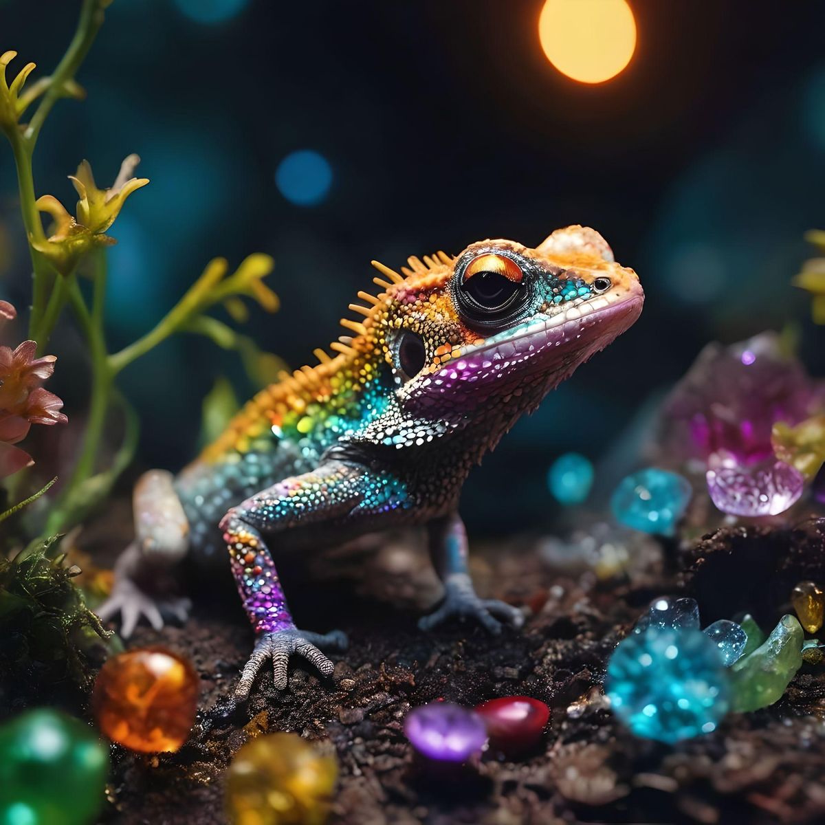 beautiful sparkling glittery baby lizard, tongue out, catching a fly, in an enchanted cave, colorful crystals protruding from ground, stream, mushrooms, glimmering, sparkling, glittering, fantasy, colorful, vivid, vibrant, beautiful, extremely detailed. ornate, maximalism, UHD, hyper resolution, 8K
