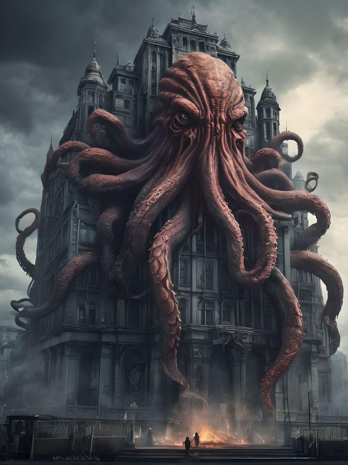 a large building with a giant kraken monster on top of it, surreal concept art, surreal and fantasy art, horror surreal art, epic digital art illustration, amazing fantasy art, fantasy horror art, terrifying architecture, an giant evil, horror fantasy art, surrealism!!!!! concept art, scary art, an ominous fantasy illustration, satanic creature, creepy surrealism