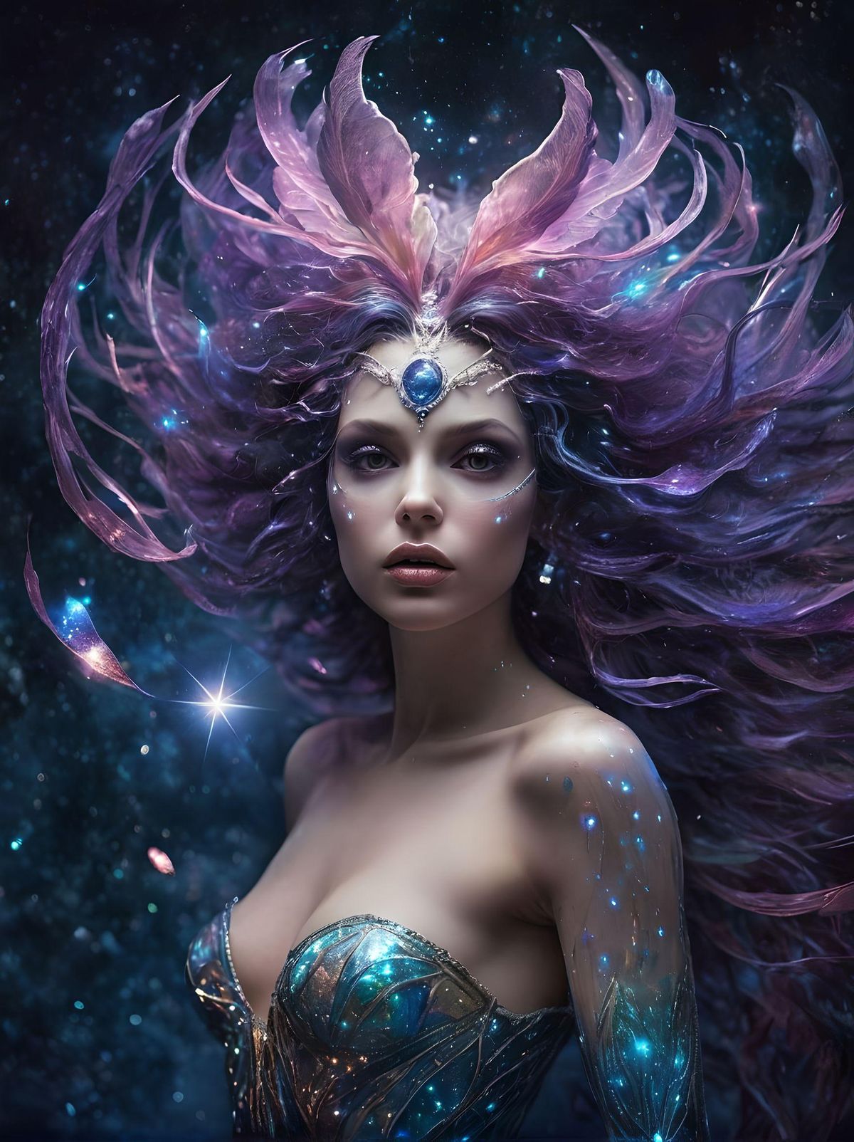 The Nebula Nymph is a celestial being born from the depths of the cosmos, its very essence infused with the magic of the stars. Skin shimmers with the iridescence of a nebula, each hue blending seamlessly into the next, creating a mesmerizing display of color that shifts and changes with every movement. Trails of stardust cascade from its fingertips, leaving behind a shimmering wake that lingers in the air like the remnants of a shooting star.

Hair flows in wispy tendrils of light, like streams of cosmic energy cascading from the heavens. Adorned with clusters of glowing orbs that resemble distant galaxies, the Nymph's hair is a celestial tapestry, woven with the mysteries of the universe and the wonders of creation. Each orb pulses with the heartbeat of the cosmos, emitting a soft glow that illuminates the darkness of space.

Eyes are pools of cosmic energy, reflecting the vastness and wonder of the universe with a clarity and depth that defies comprehension. They are windows to the Nymph's soul, portals to other realms and dimensions beyond mortal understanding. With a single gaze, the Nymph can traverse the cosmos, exploring distant galaxies and charting the course of stars.
