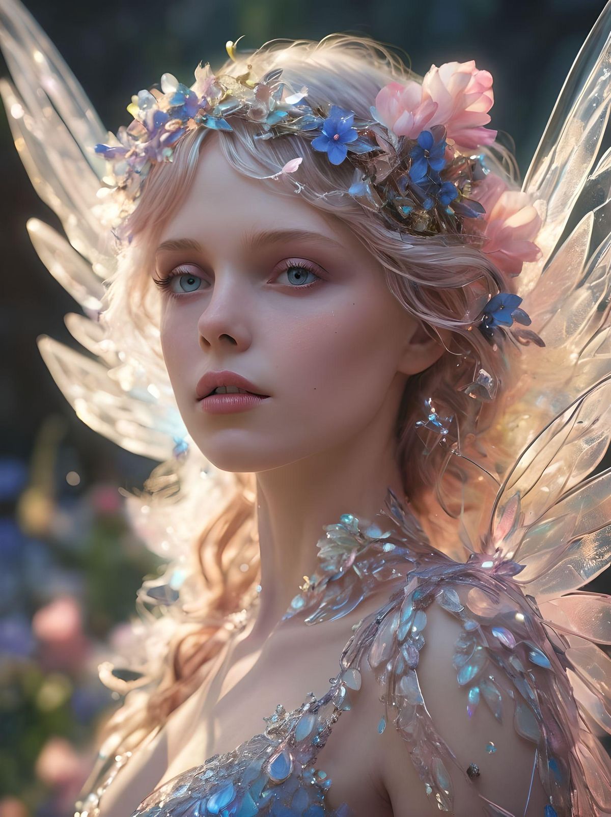 The Crystal Faerie is a delicate being made of pure crystalline energy, with wings that sparkle like diamonds in the sunlight. Its skin is translucent, revealing a network of glowing veins that pulse with magical energy. Hair flows in wispy tendrils of light, adorned with flowers that bloom in shades of pastel hues.