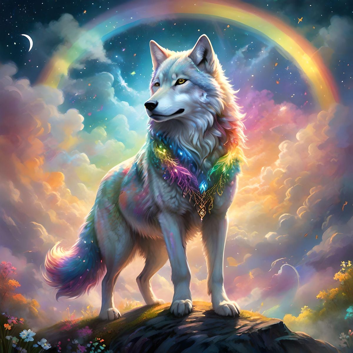 A serene and magical scene of a magical creature, wolf, gracefully prancing along a rainbow, with the ethereal glow of the full moon shining down upon it. The magical creature coat is a shimmering blend of opalescent pastels, reflecting the colors of the rainbow it walks upon. Its wolfs mane, adorned with sparkling silver and gold filigree, gently sways back and forth as it moves. The rainbow, arching gracefully across the sky, seems to touch the very tips of the clouds, creating a breathtaking display of color and light. The moon, hanging low in the heavens, casts a soft, silvery glow over the landscape, illuminating the tips of the rainbow and the fluffy white clouds below. A sense of peace and wonder permeates the air, as if the magical creature presence alone brings forth the magic of the moonlit night.