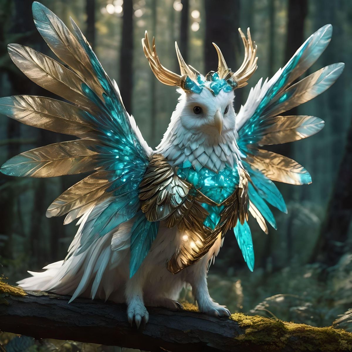 fantastical mythical heavy fluffy white forest animal with glowing large wings and wearing gold chest armor, large wings are jeweled gold and turquoise, mystical dark old forest fireflies 