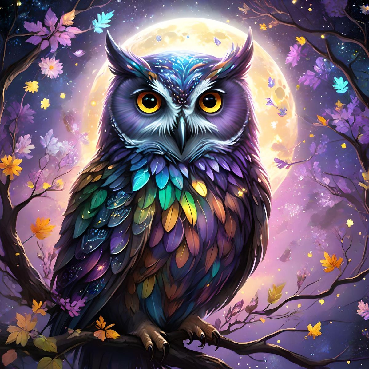 Beatiful owl, the feathers are a shimmering blend of opalescent pastels, reflecting the colors of the rainbow, Its feathers adorned with sparkling silver and gold filigree, gently sways back and forth as they move.  branches, trees, moon, close-up, 8k, realistic picture,  leaves flying, fireflies,  stars background, butterflys, magical night, purple glow, flowers