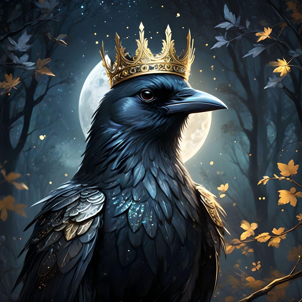 Beatiful crow with a crown on his head, the feathers are a shimmering blend of opalescent blacks. Its feathers adorned with sparkling silver and gold filigree, gently sways back and forth as they move.  Dark forest as background, moon, close-up, 8k, realistic picture,  leaves flying, fireflies,  stars background, magical night, moonlight glow, flowers