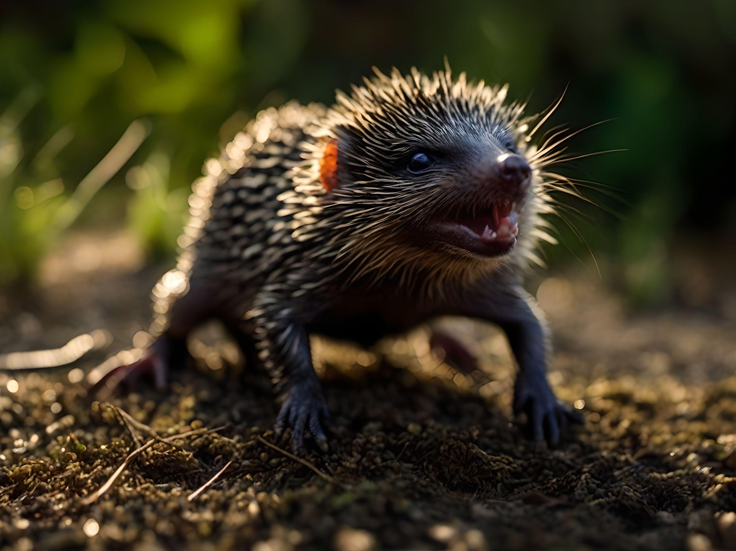 Hedgehog salamander hybrid with baboon canines protruding from the mouth.
