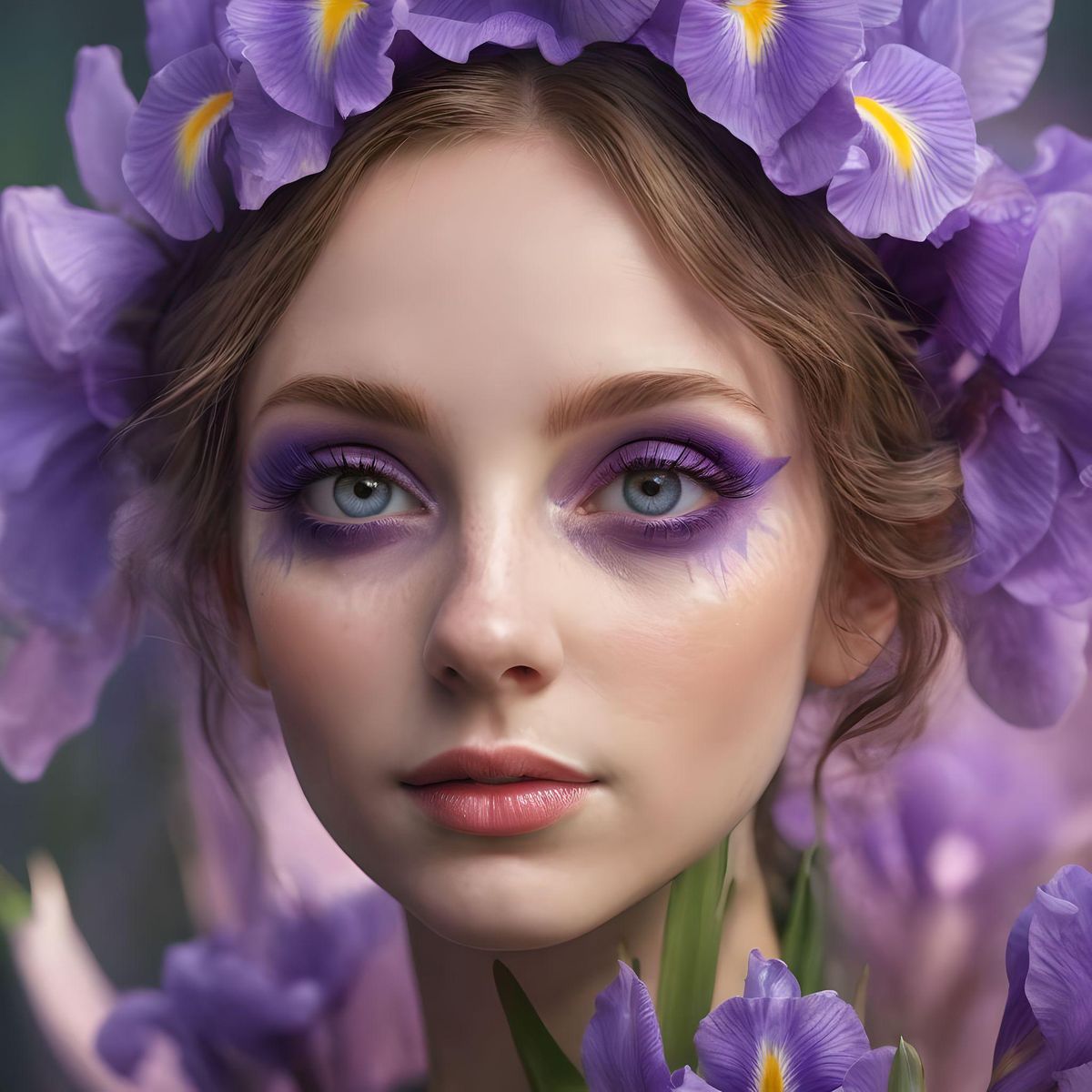 Iris as flower fairy tale, full body look, realistic art, ultra-realistic, flower fairy, beautiful, perfect face, detailed, 8K
