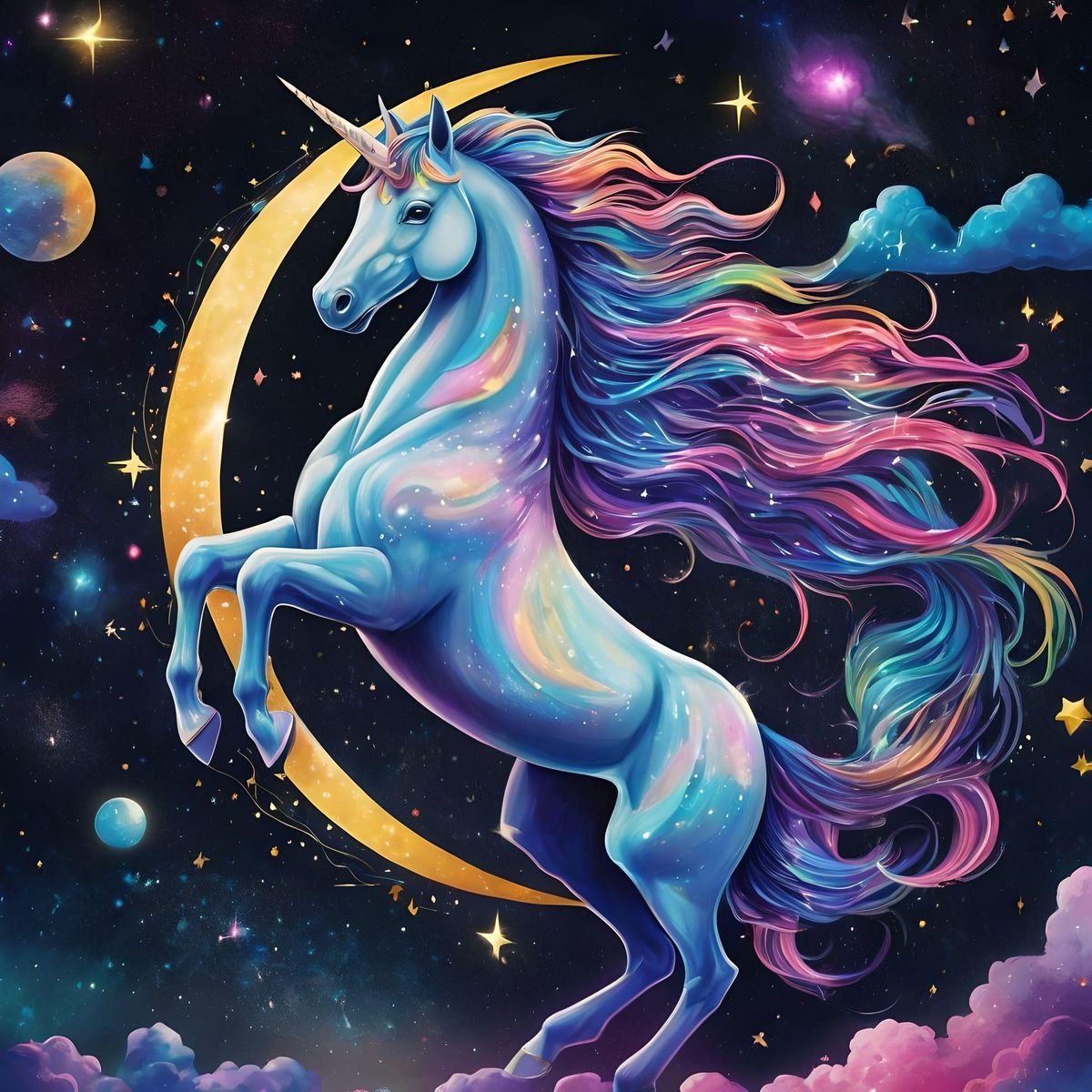 A majestic unicorn with iridescent rainbow mane and tail, soaring through a starry night sky, surrounded by twinkling constellations and a crescent moon, inspired by the art of Lisa Frank and fantasy illustrations, vibrant colors, whimsical and dreamy, highly detailed 8k, magical realism --s 150 --ar 1:1 --c 5 --v 5.2 