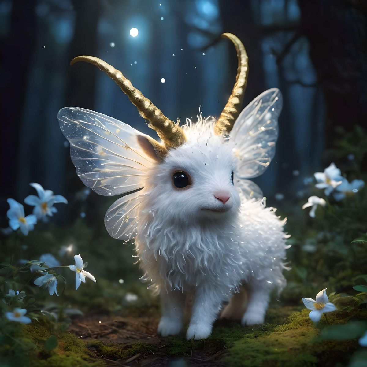 magical baby animal, gold blue, gold horns, extra fluffy fluffy white with wings, dark forest, fireflies and flowers