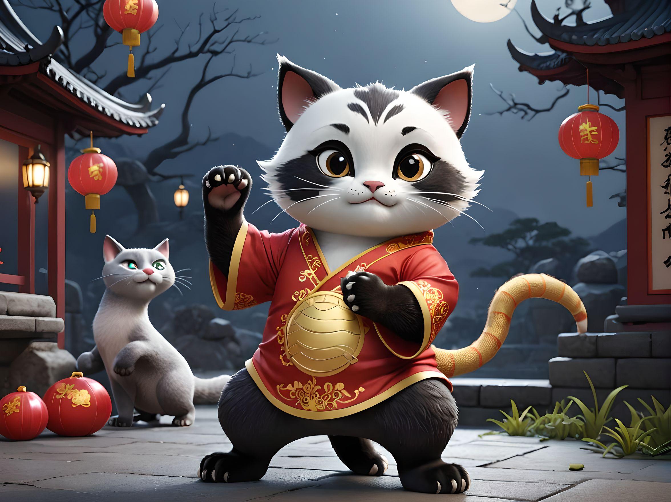 Cute cat dressed in a dragon costume celebrating Chinese New Year- bathed in moody moonlight- strikes a pose reminiscent of Kung Fu Panda- cinematic composition- created in Unreal Engine 4- potentially featured on ArtStation and CGSociety- dramatic lighting- 8k- digital render