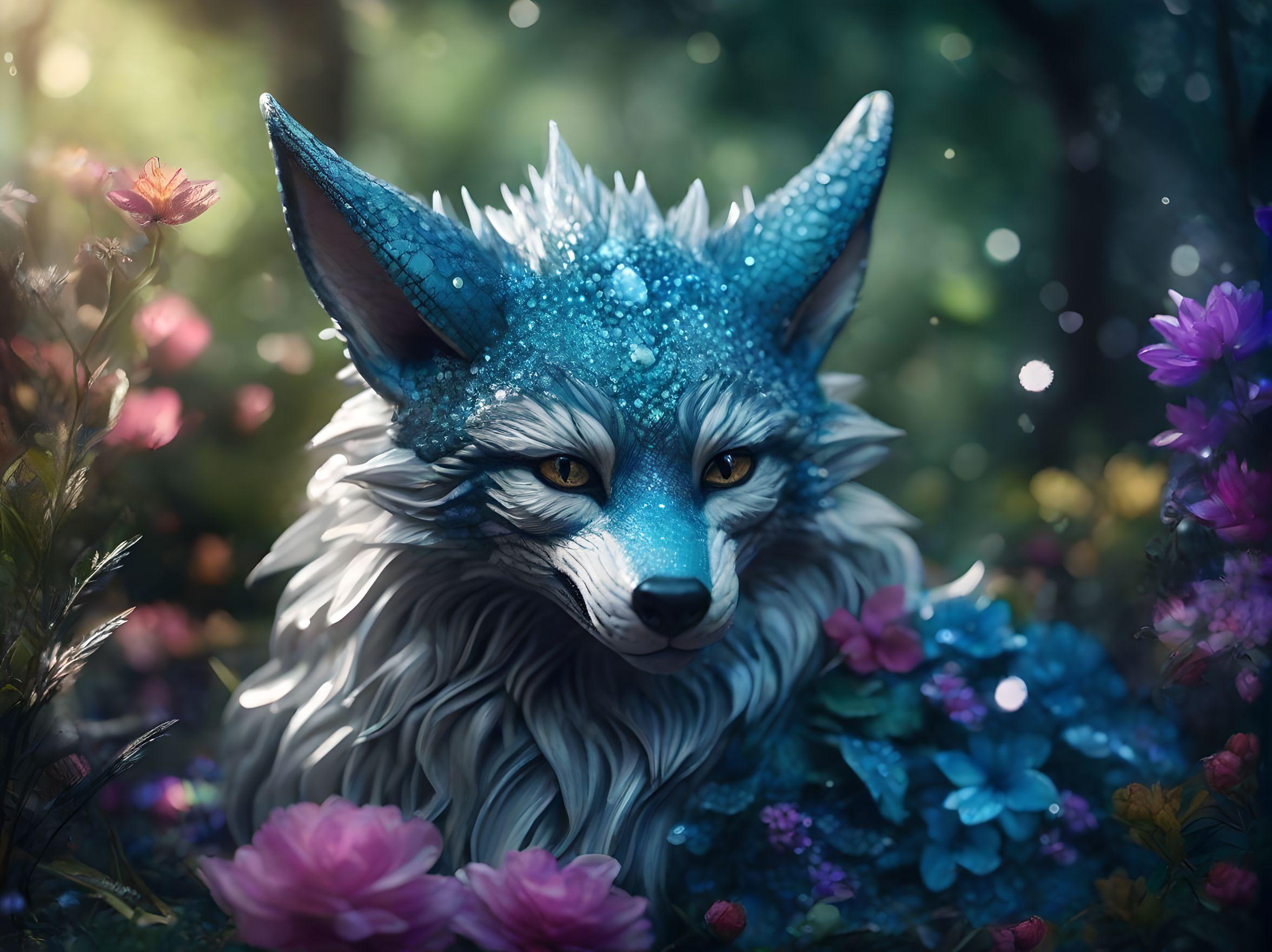 Dragon fox creature- blue and silver tones- wry smile- sparkly- sparkling- sitting on the forest floor surrounded by muted colorful flowers- photorealistic- intricate details- high definition- everything sparkles.