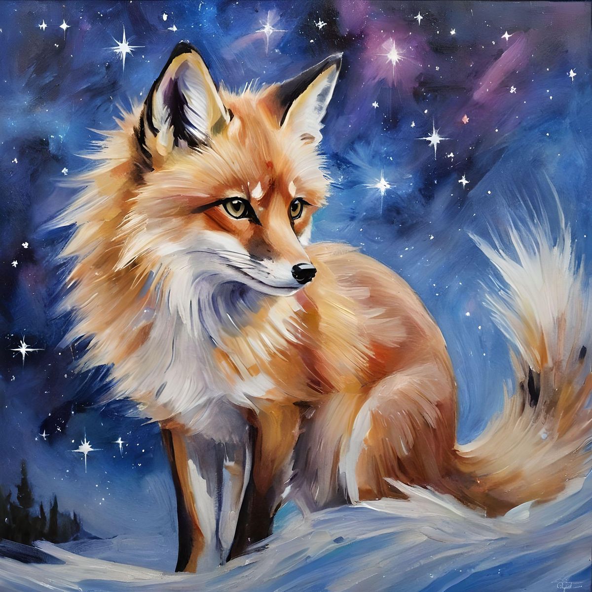 A nine tail fox with the colors of the galaxy. Her eyes are stars of blue, and her tails are the colors of the Aurora Borealis.