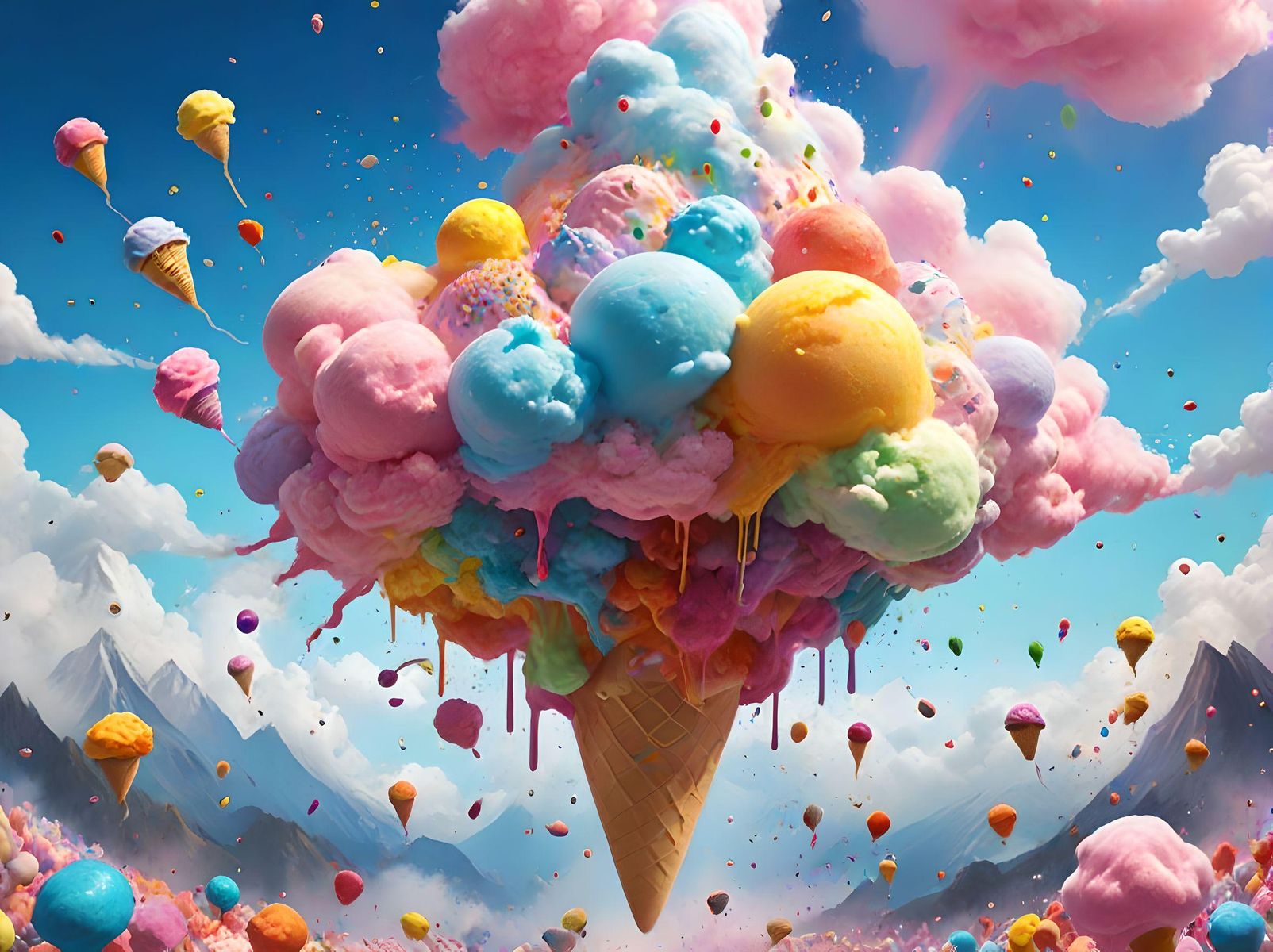 a volcano erupting streams of rainbow-colored ice cream into a cotton candy sky, while marshmallow clouds float overhead and a flock of flying jellybeans swarm around it like birds