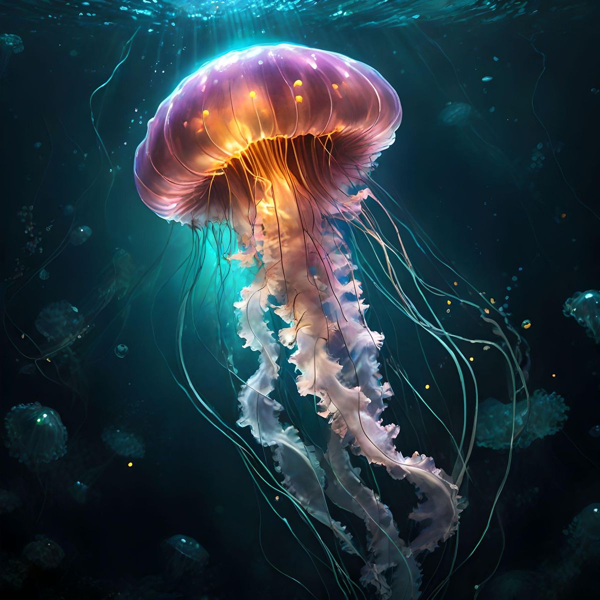 A majestic jellyfish with glowing lights in dark water 
