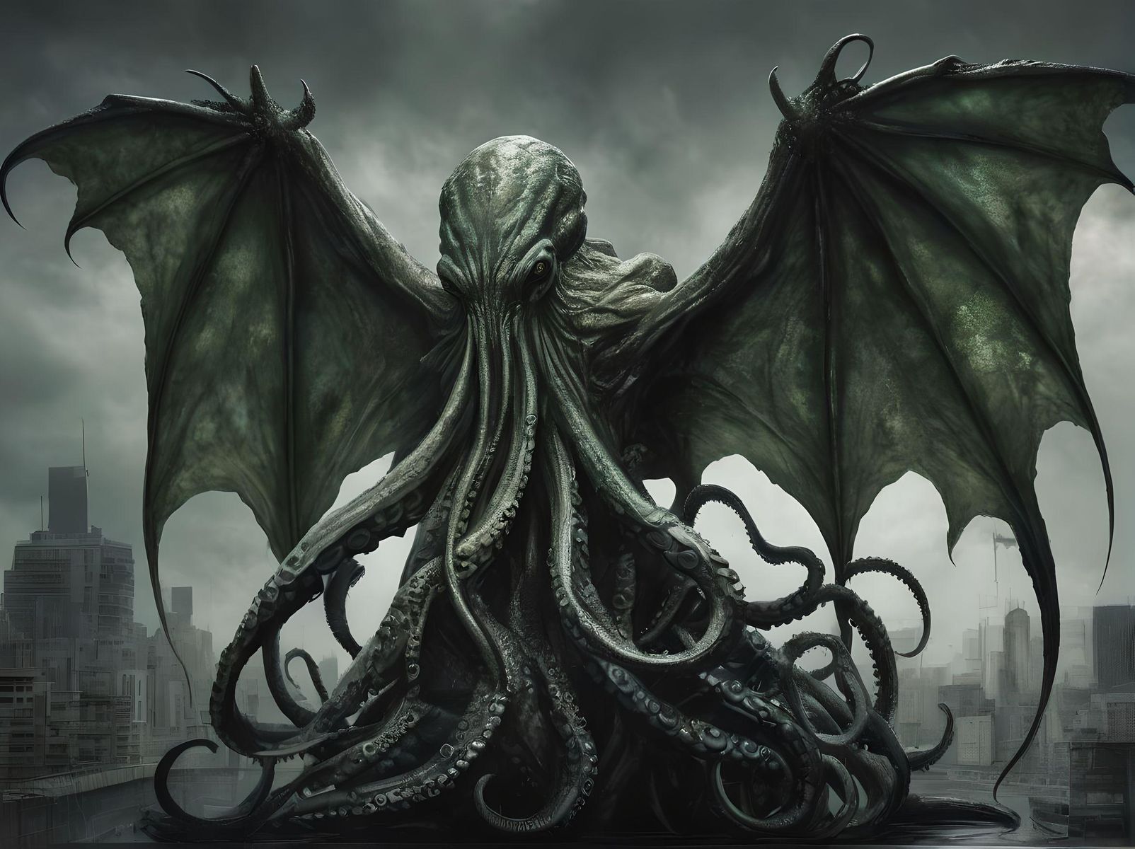 Obscure picture, devoid of beauty or hope, fear inducing, Cthulhu a monster of vaguely anthropoid outline, but with an octopus-like head whose face was a mass of feelers, a scaly, rubbery-looking body, prodigious claws on hind and fore feet, and long, narrow wings behind, emerging from R'lyeh's city of bizarre architecture is characterized by its non-Euclidean geometry, colossal structures, and shifts in perspective that can make an observer unsure about what is vertical and what is horizontal, black and greenish light, brutal composition, gloomy, intense dark tones, leaving an indelible and haunting impression on psyche, very intricate, in the style of Russ Mills and Milo Manara 