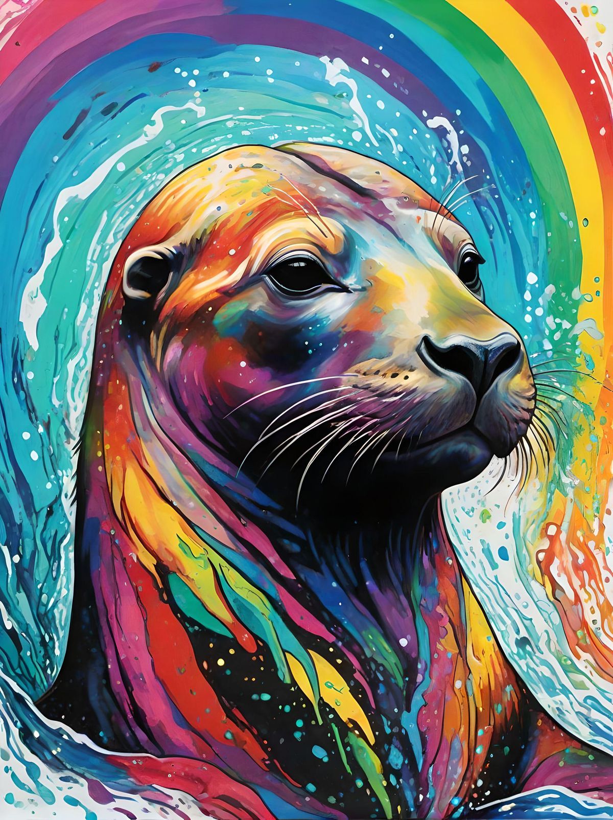 architect impression drawing in fountain pen ink of a mystical sea lion, highly detailed, sharp contrast, sketch effect, black and white, Soft Natural rainbow colours, high resolution, ultrafine detailed painting, angular, altermodern, surreal, 8k ultra HD, high glossy

