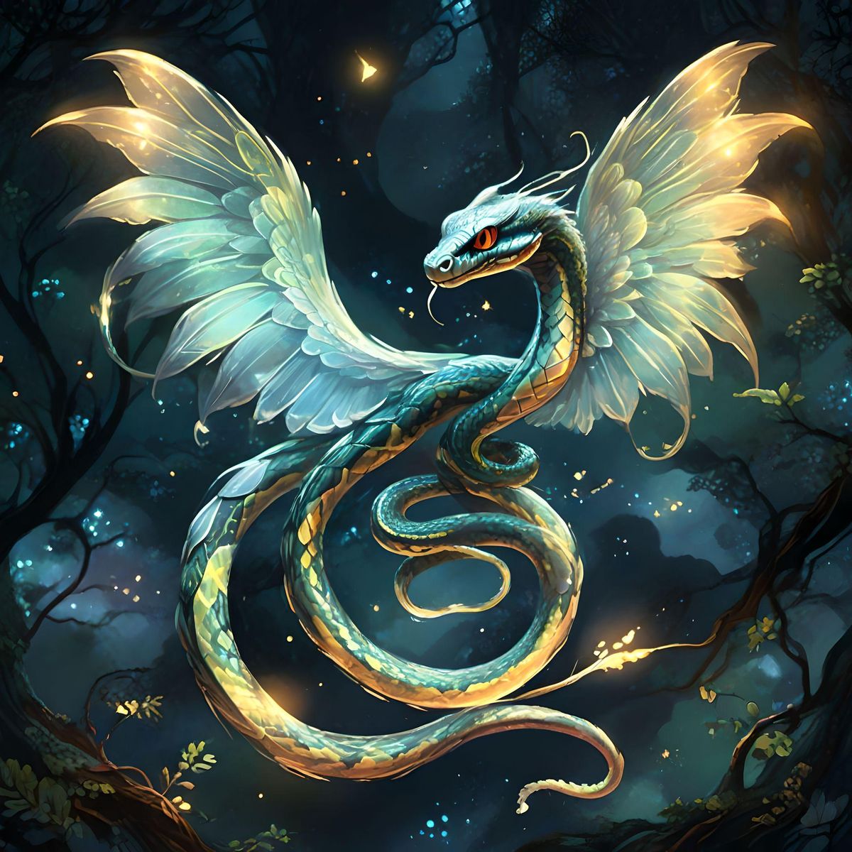 A snake with wings made of gossamer threads, shimmering with iridescent hues. Its scales glistering as moonlight, reflecting the colors of the night sky. It has delicate, translucent ears that catch the faintest of sounds, and its eyes sparkle with the wisdom of ages.