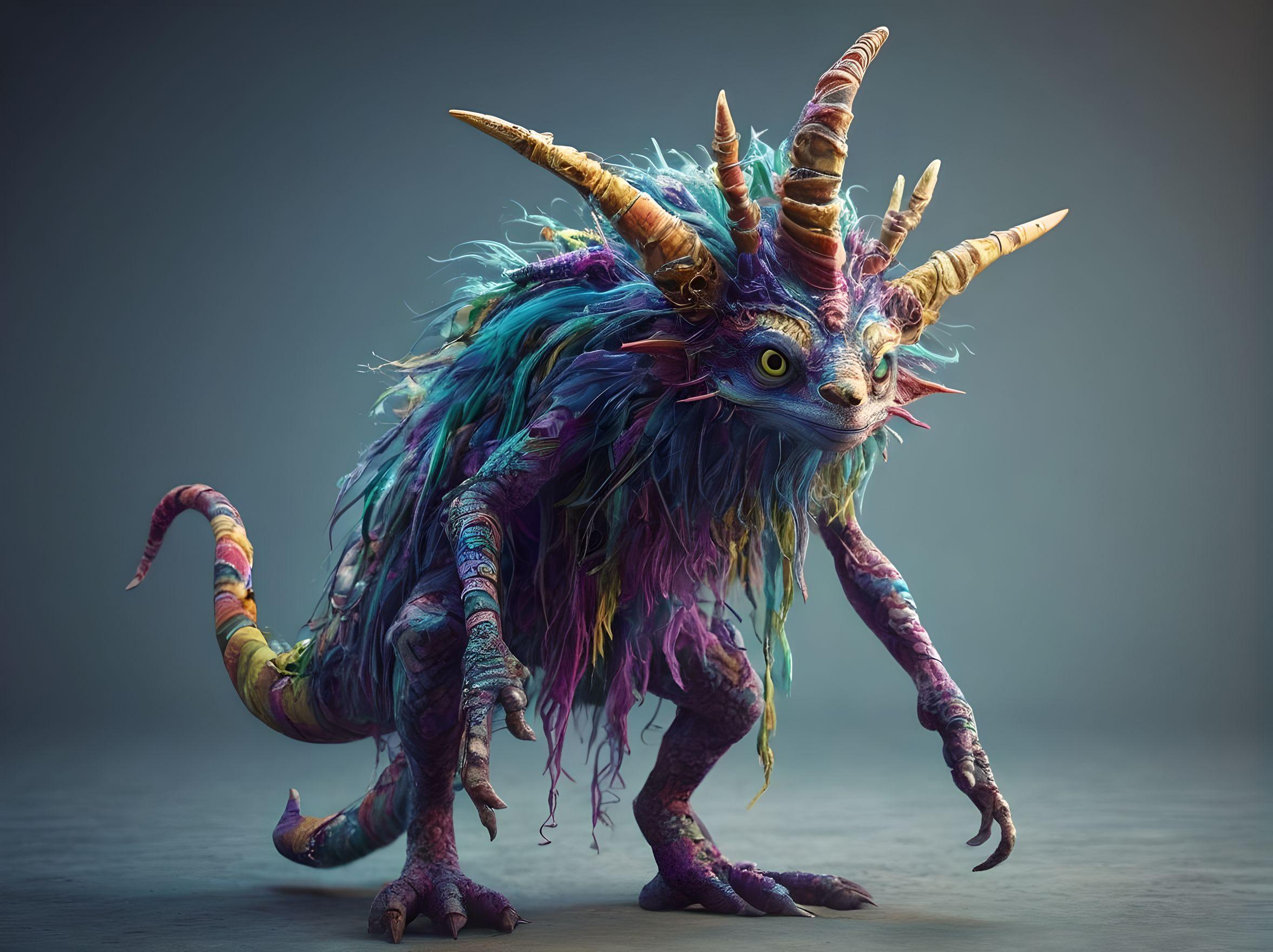 enchanting world of whimsical and legendary monsters- Magical Creature. artistic. gorgeous. 
The image displays a fictional whimsical character with long tails. funny animal. weird animal. fictional animal. The style is abstract and playful
