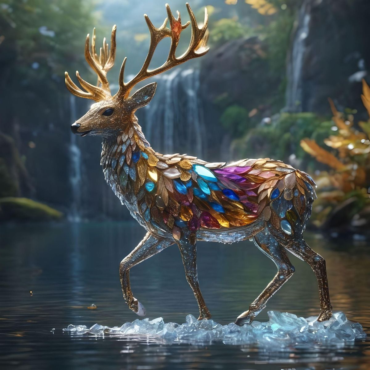 A dazzling mythical deer with phoenix feathers gliding on the most beautiful river of gems and crystals.