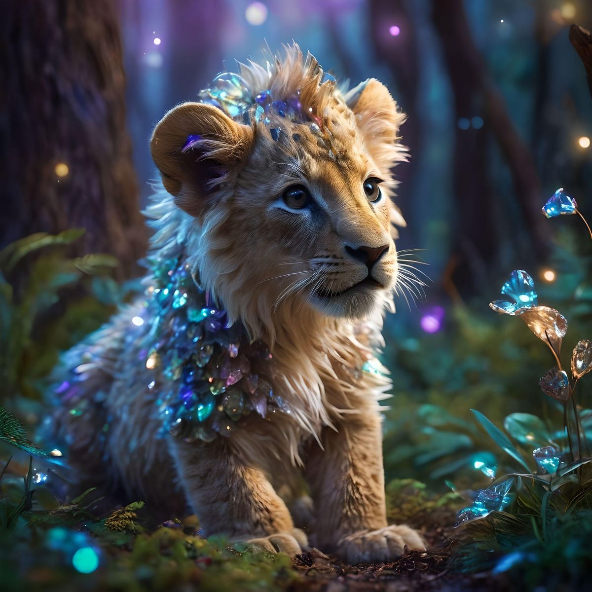 Amidst the ethereal glow of a moonlit clearing, a fantastical baby lion with iridescent scales explores, With its snout rooting out hidden treasures, it brings a touch of magic to the enchanted forest, its scales reflecting the colors of the shimmering crystals that litter the ground, intricate detaild, hyper realistic, 8k