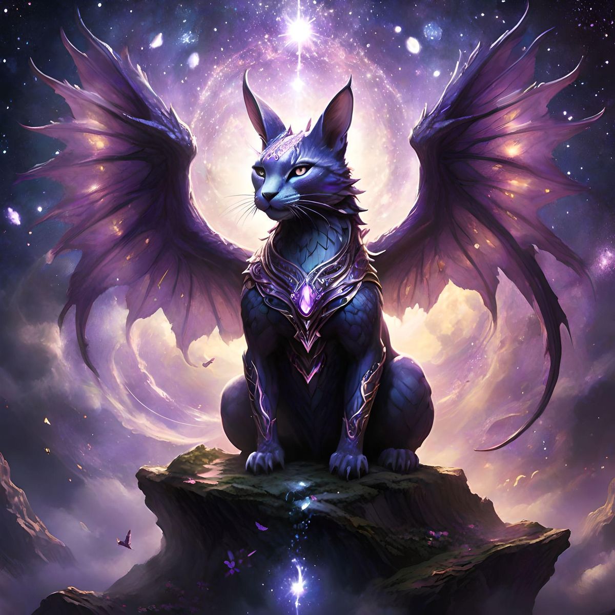 Mystical Reverie 🌌
Step into a mystical reverie where a wondrous creature, unseen and unimagined before, takes center stage amidst the cosmic panorama. Envision a world where this magnificent being, with the body of a dragon and the head of a cat adorned with rabbit-like ears, emerges in ethereal shades of violet. Its six majestic wings, grand and expansive, spread wide to catch the celestial currents, propelling it through the vastness of space with grace and majesty. Picture the harmonious fusion as this mythical creature intertwines with the very fabric of existence, infusing the universe with a sense of otherworldly wonder and magic.

In its front paw, delicately held, is a sacred mudra akin to that of Krishna, symbolizing divine wisdom and enlightenment. Let your imagination soar to uncharted heights as you summon forth the breathtaking presence of this extraordinary being, a symbol of untold mysteries waiting to be unraveled.