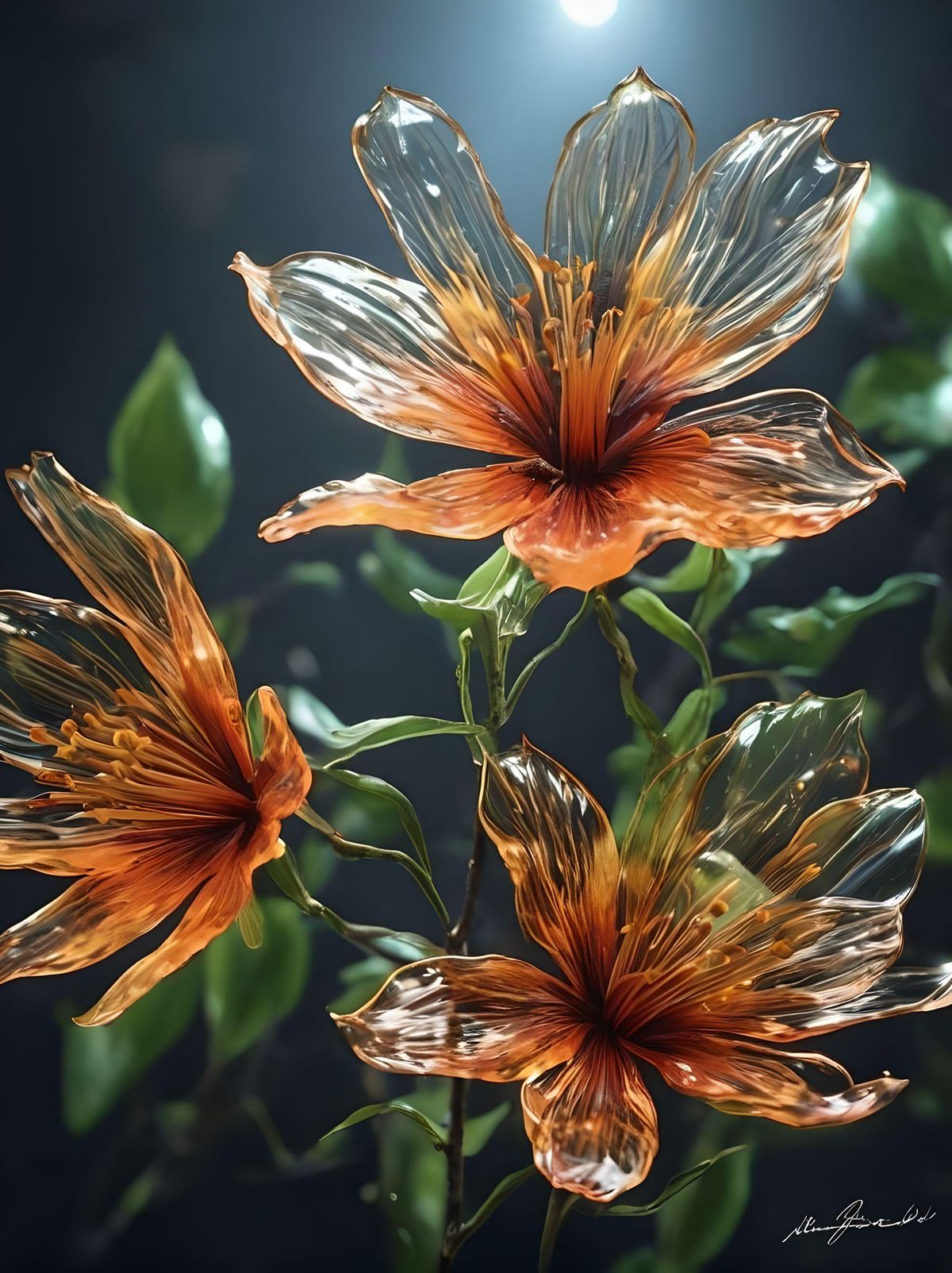 transparent flame blossoms, transparent leaf, very detailed and very realistic looking 
