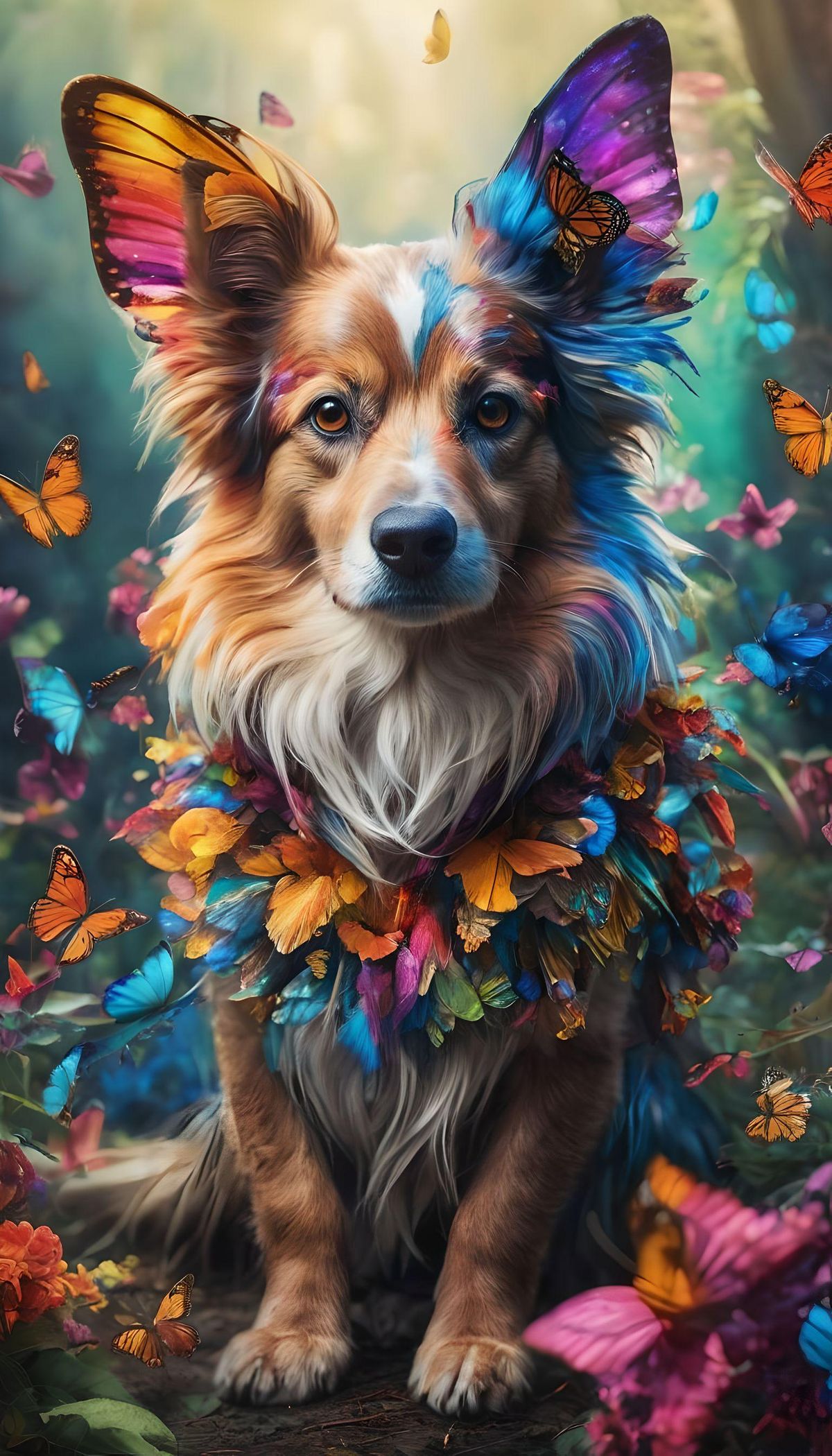 Mythical dog with vibrant colours and butterflies and wings