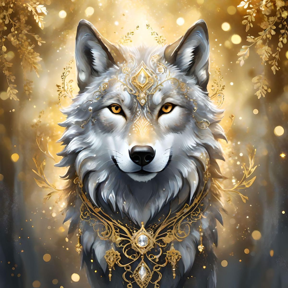 A wolf adorned with sparkling silver and gold filigree, gold bokeh background 
