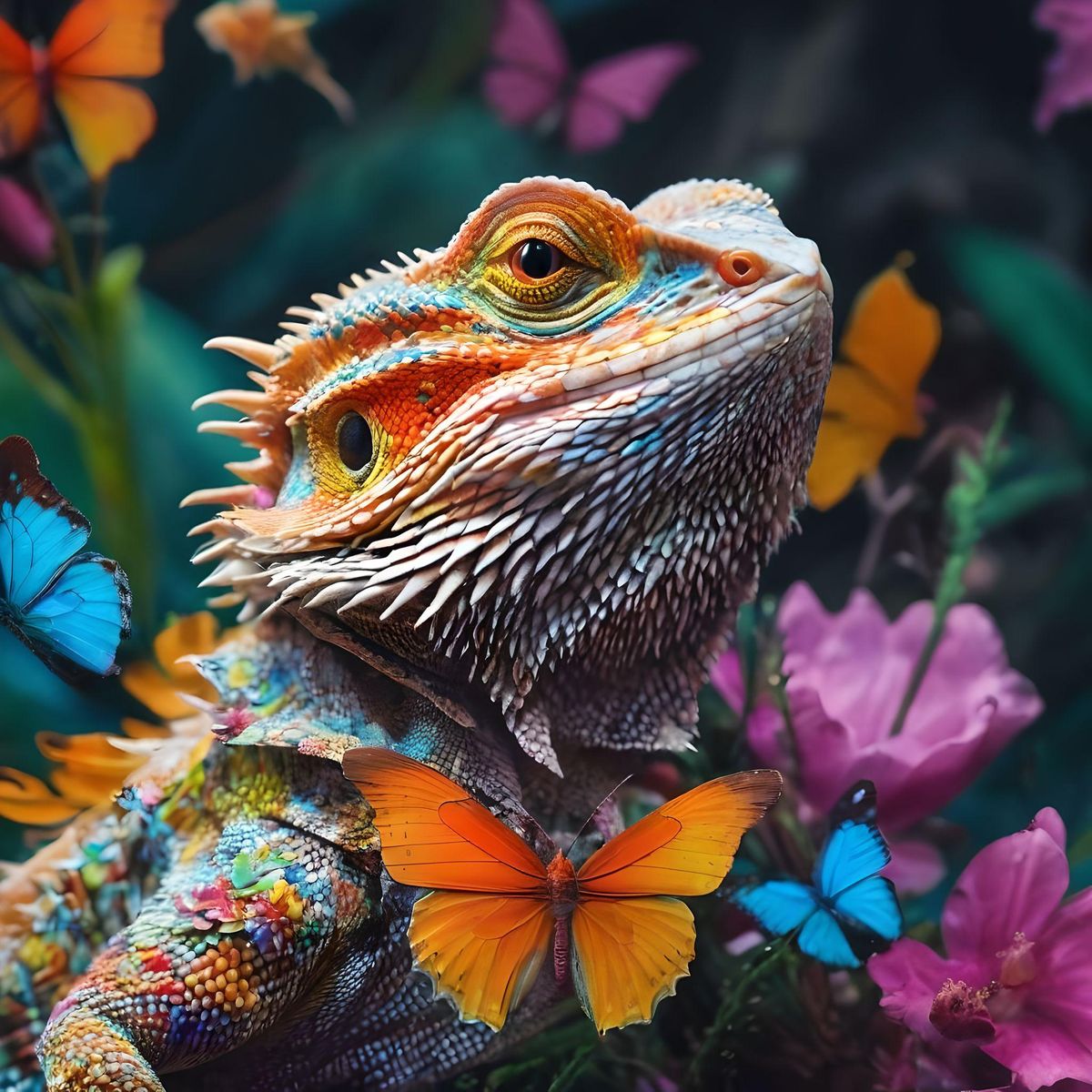 
mythical bearded dragon with vibrant colors butterflies with mythical flowers