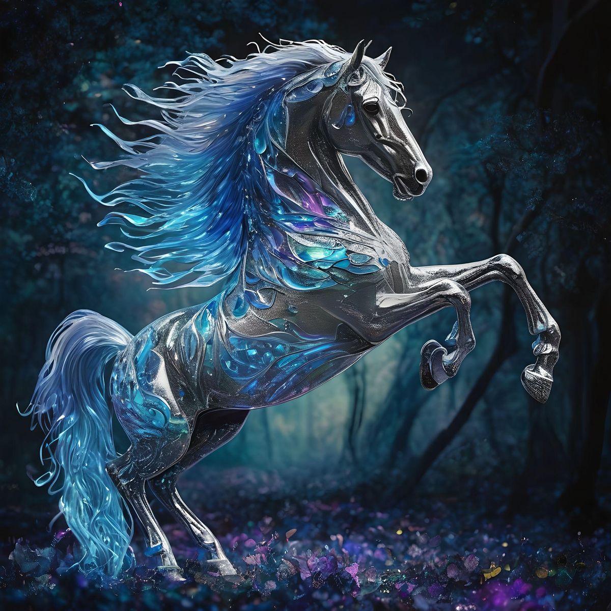  Create a beautiful creature from the worl of dreams, shimmering with the iridescence of a thousand rainbows. This majestic being, known as the Crystal Horse, gallops through the realms of fantasy with grace and power. Its hooves leave trails of sparkling stardust in its wake, and its mane flows like rivers of molten crystal. With eyes that hold the neon blue wisdom of ages, the Crystal Horse embodies the magic and beauty of a world beyond our own. He is in a wood of magical ferns and trees that instead of leaves have birds and butterflies crowns the crystal horse, follow the light, surrealictic and wonderful image. of a trsnaluscent horse




