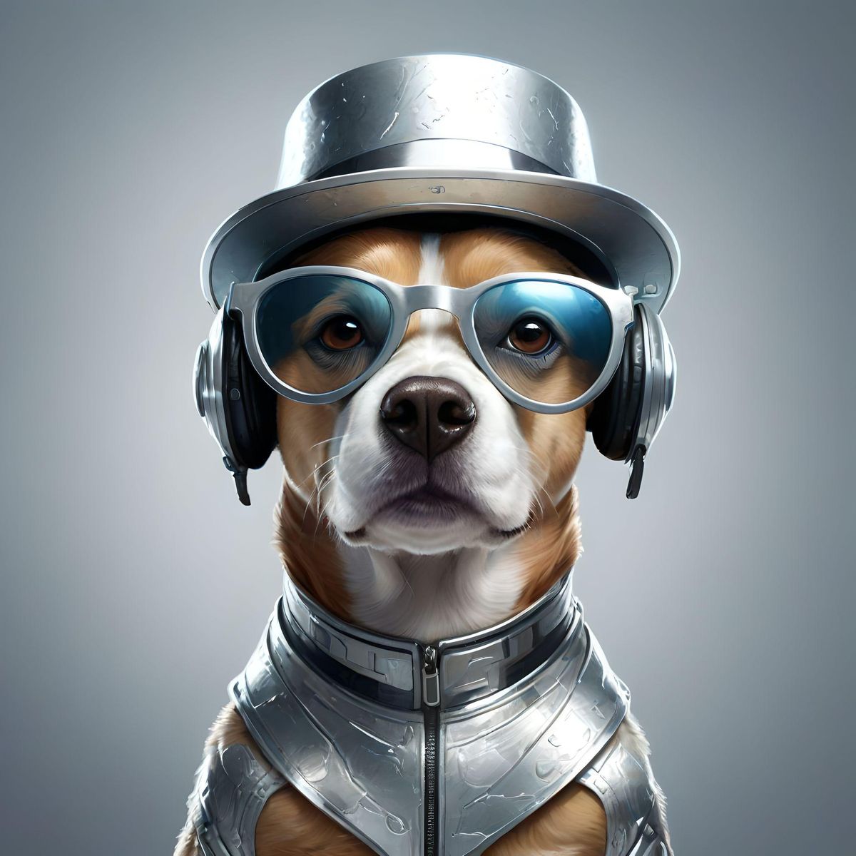 a futuristic dog wearing Glasses on with a Silver hat on.