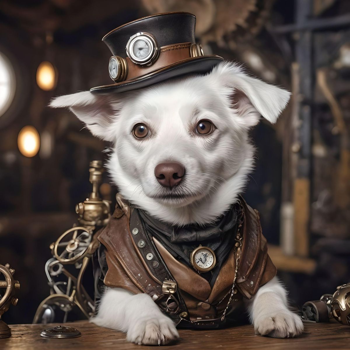 a viral, photorealistic image of cutest white zybirien dog having fun in the art style of steampunk. looking curious 4k. --v 4